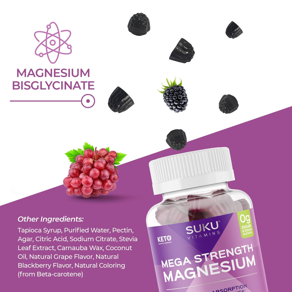 SUKU Vitamins Mega Strength Magnesium Gummies – 177 mg Bisglycinate, 50 Count