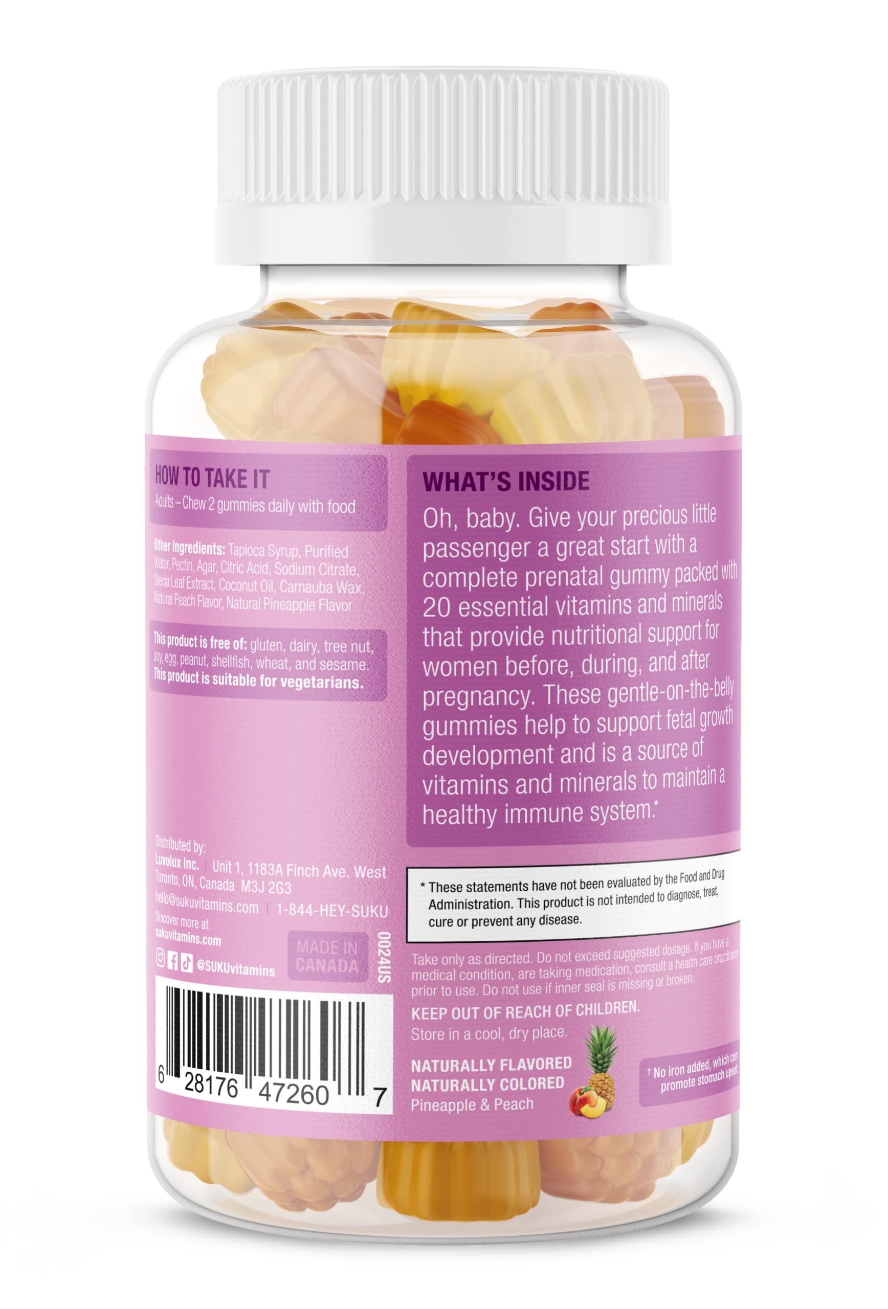 SUKU Prenatal Multivitamin Gummies – Folate, Calcium, Vitamin D3, B12, K2 | Sugar-Free, Vegetarian, Gluten-Free – Pineapple Peach Flavor – 60 Count