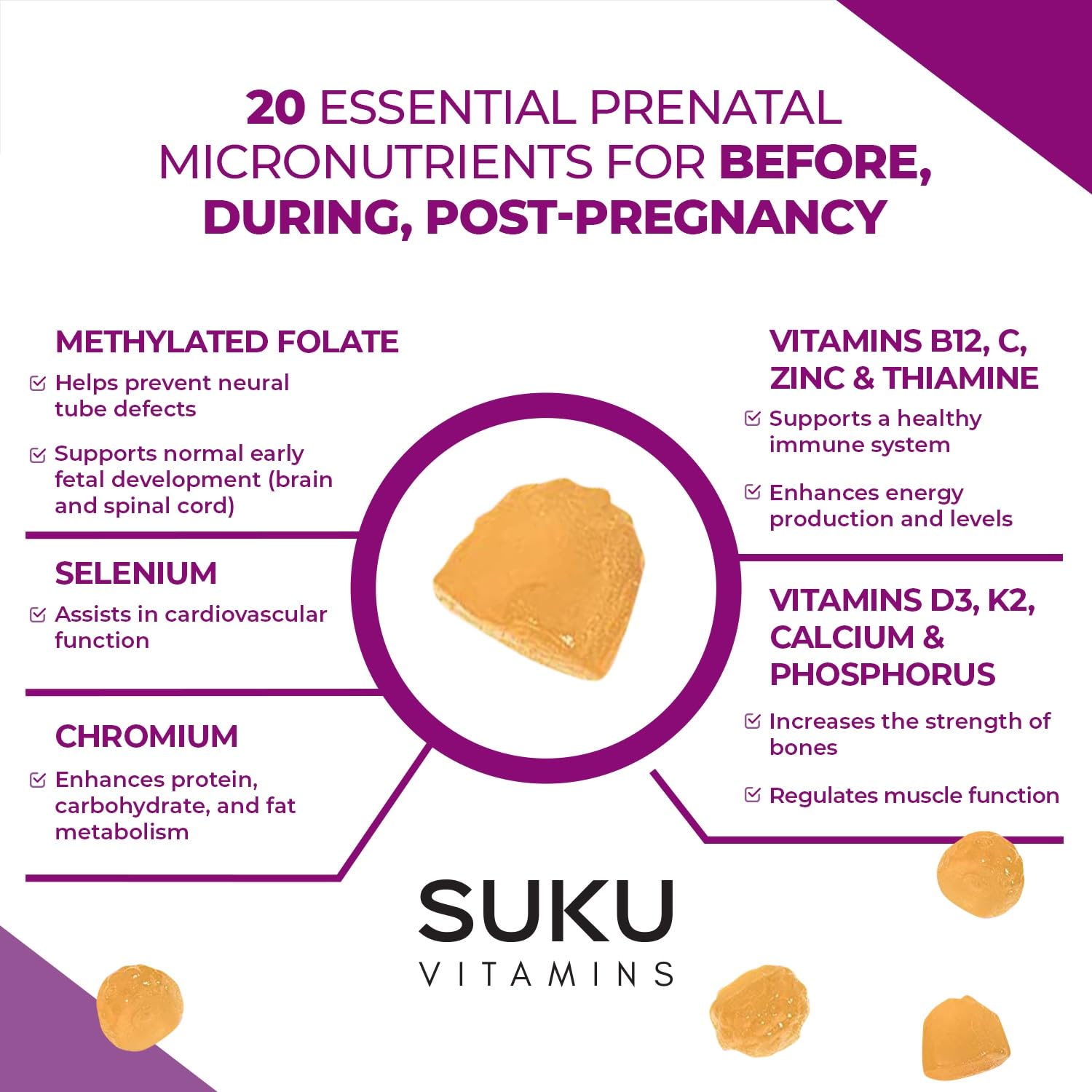 SUKU Prenatal Multivitamin Gummies – Folate, Calcium, Vitamin D3, B12, K2 | Sugar-Free, Vegetarian, Gluten-Free – Pineapple Peach Flavor – 60 Count
