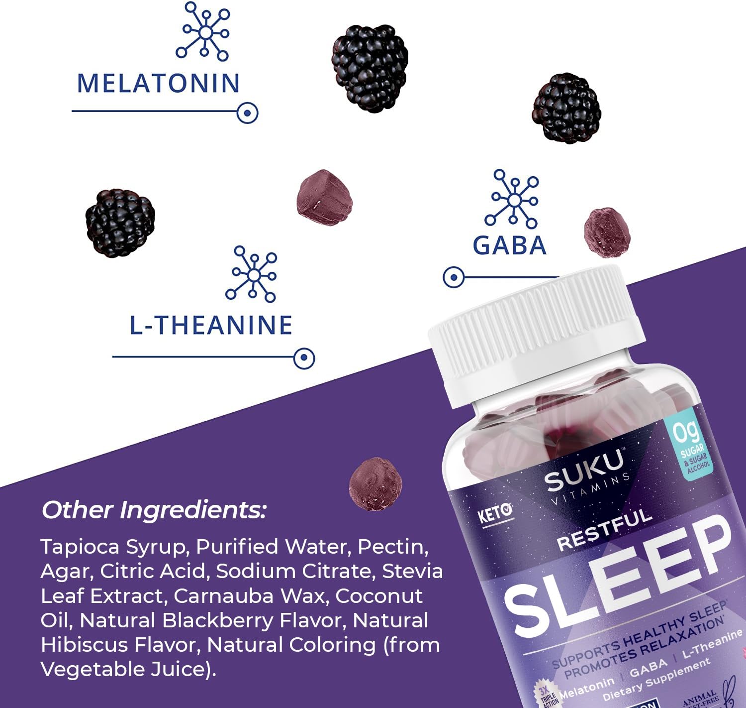 SUKU Restful Sleep Gummies – 3 mg Melatonin, L-Theanine & GABA | Vegan, Sugar-Free Sleep Support – BlackBerry-Hibiscus Flavor, Non-GMO, Gluten-Free – 50 Count