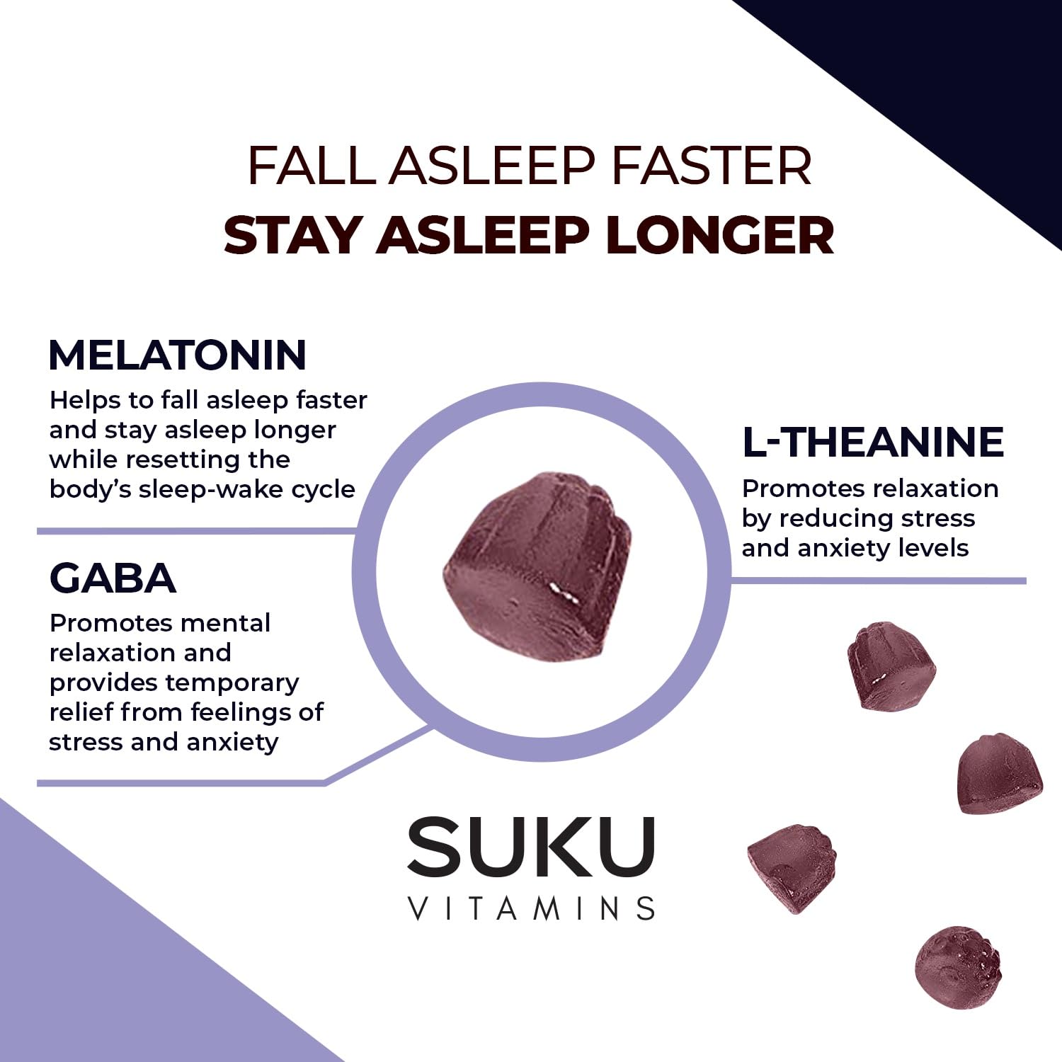 SUKU Restful Sleep Gummies – 3 mg Melatonin, L-Theanine & GABA | Vegan, Sugar-Free Sleep Support – BlackBerry-Hibiscus Flavor, Non-GMO, Gluten-Free – 50 Count