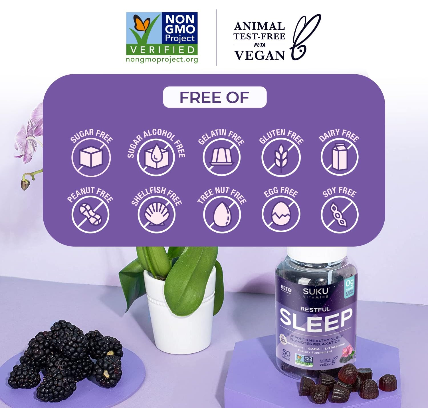 SUKU Restful Sleep Gummies – 3 mg Melatonin, L-Theanine & GABA | Vegan, Sugar-Free Sleep Support – BlackBerry-Hibiscus Flavor, Non-GMO, Gluten-Free – 50 Count