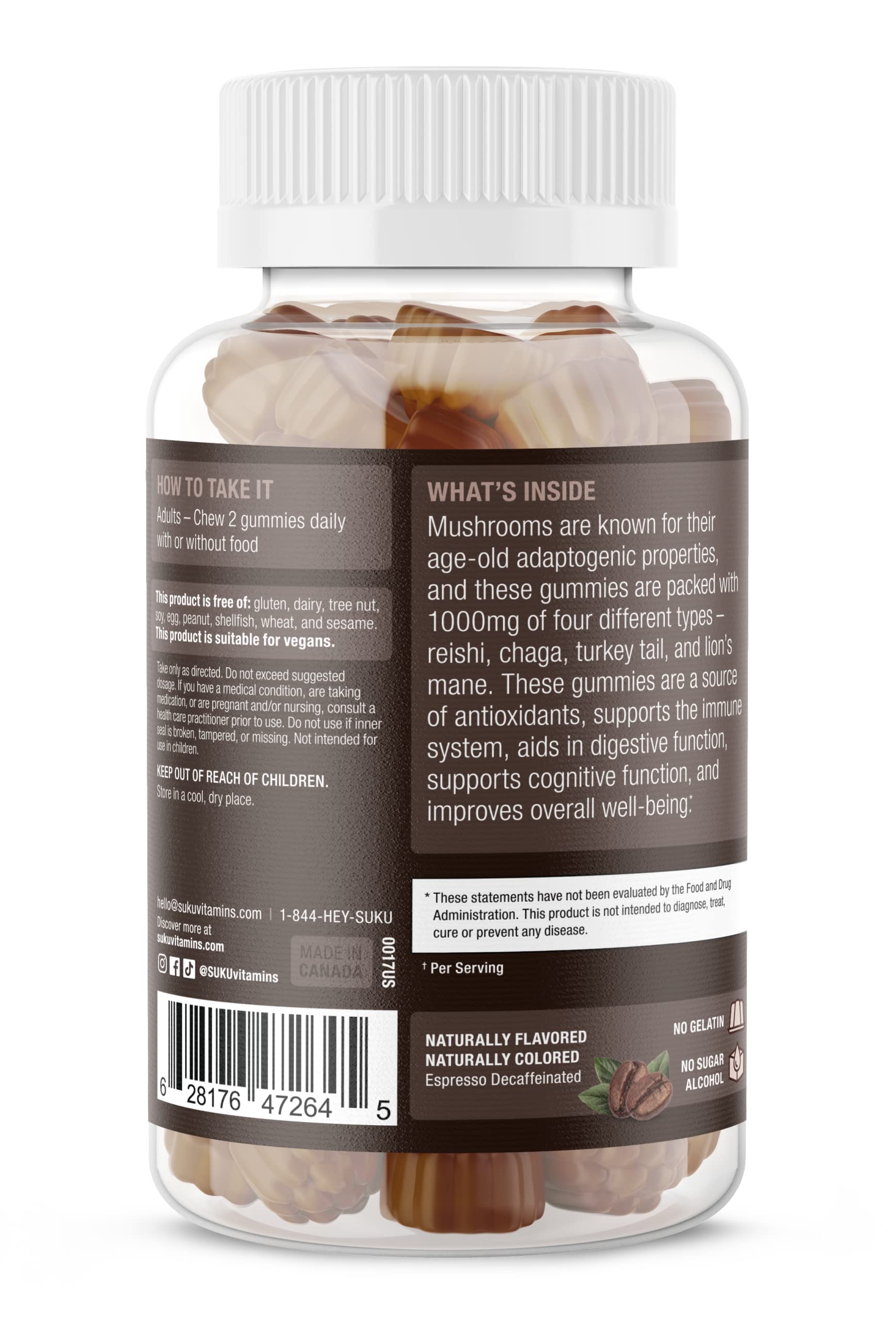 SUKU Vitamins - Super Mushroom Gummies (Reishi, Chaga, Turkey Tail & Lion's Mane) for Immunity - Espresso Flavor - 50 Count