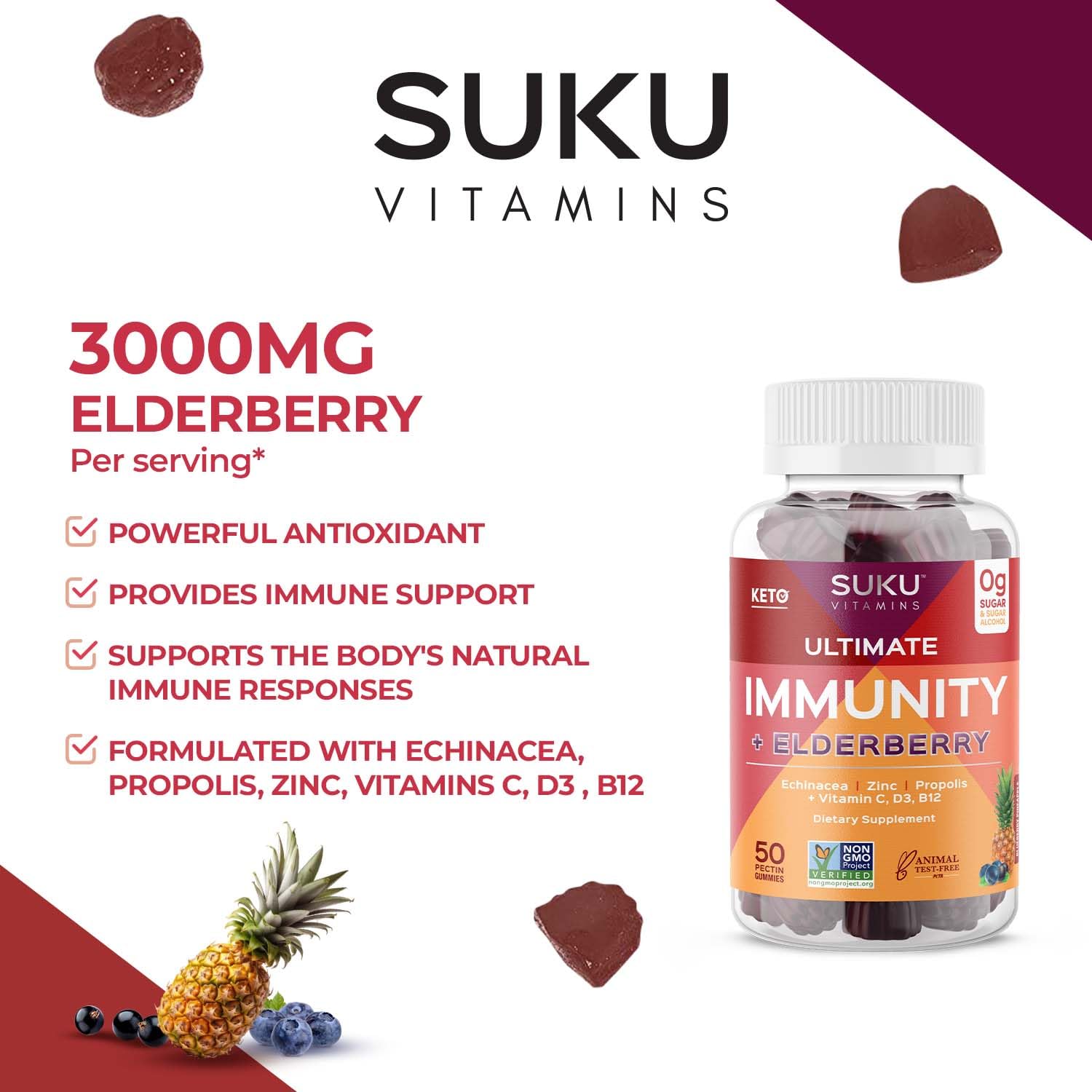 SUKU Vitamins Ultimate Immunity Gummies – Elderberry, Echinacea & Propolis, Pomegranate Lime, Non-GMO, Gluten Free, 50 Count