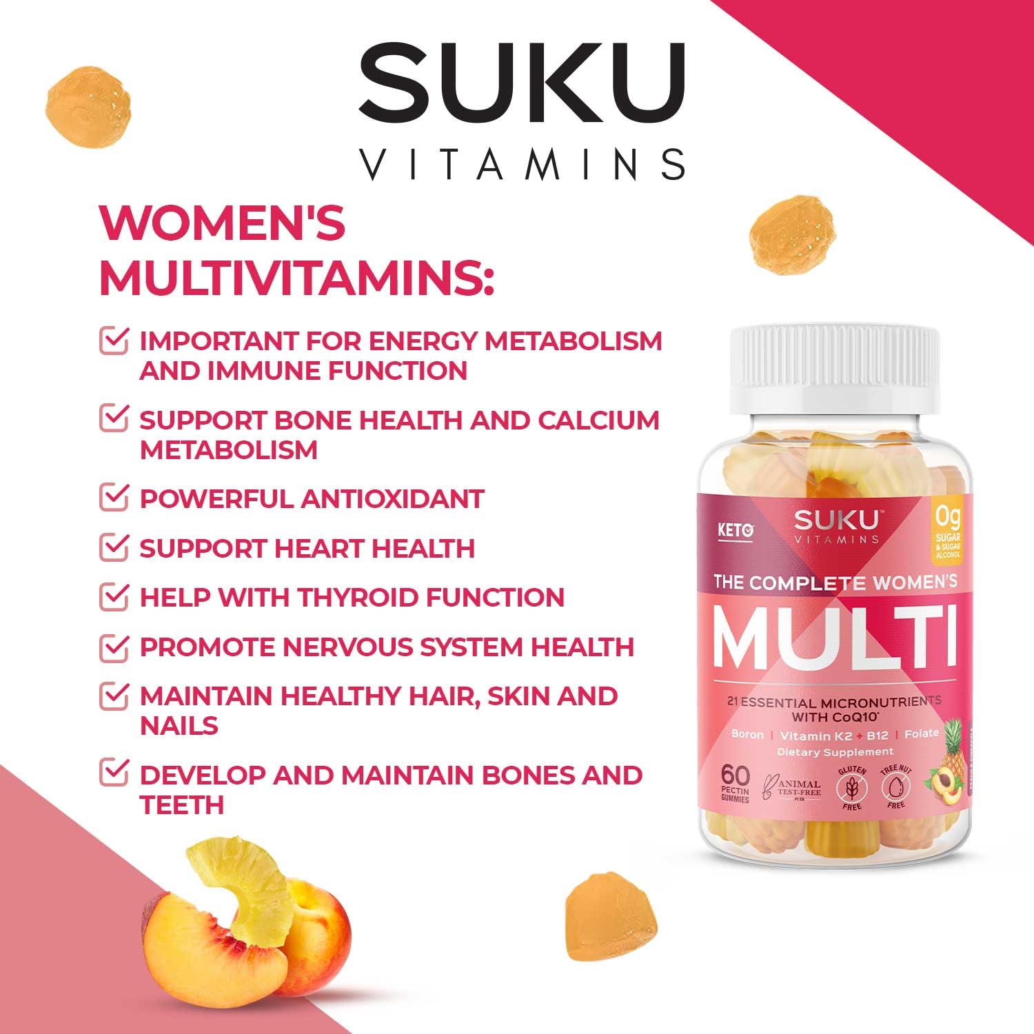 SUKU Vitamins Complete Women's Multi with Boron & K2 – Pineapple Peach Gummies (60 ct)