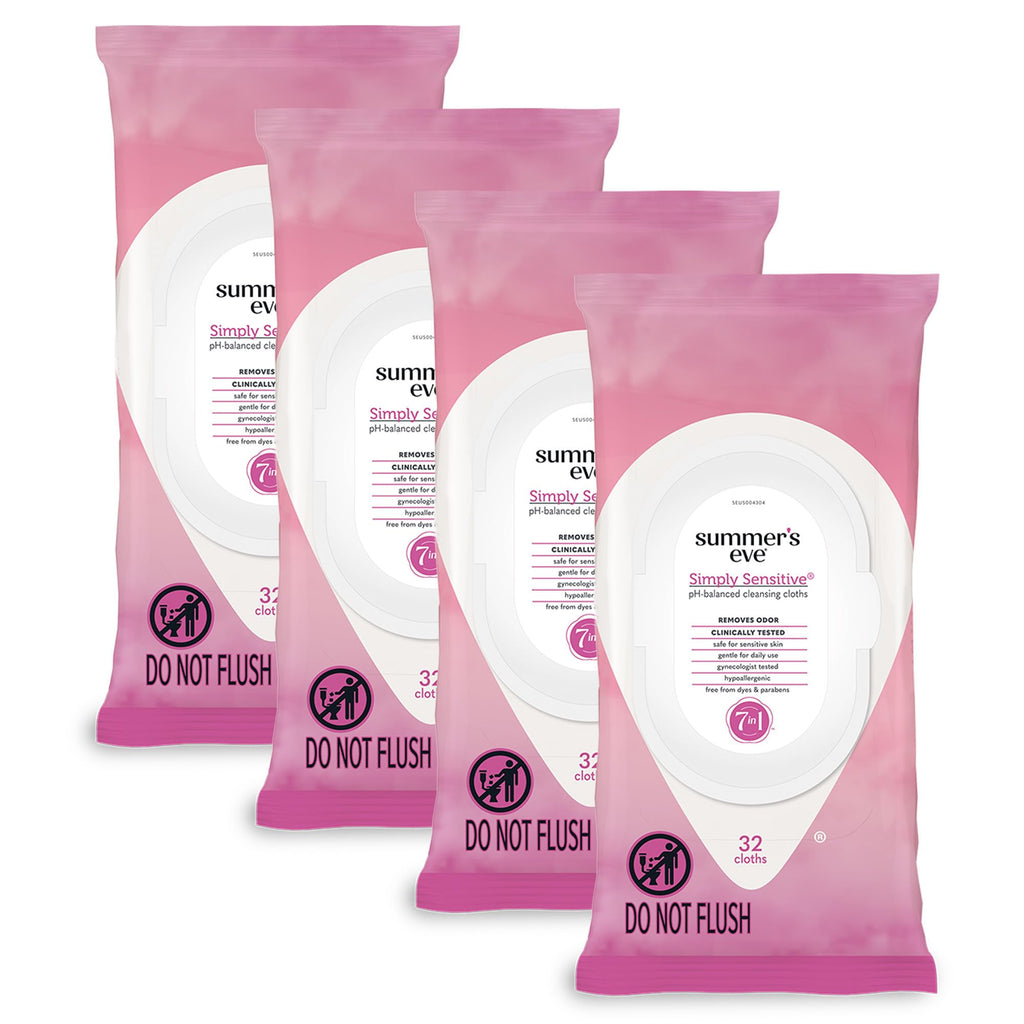 Summer's Eve Simply Sensitive Daily Gentle Feminine Wipes - Removes Odor, pH Balanced, 32 Count, 4 Pack