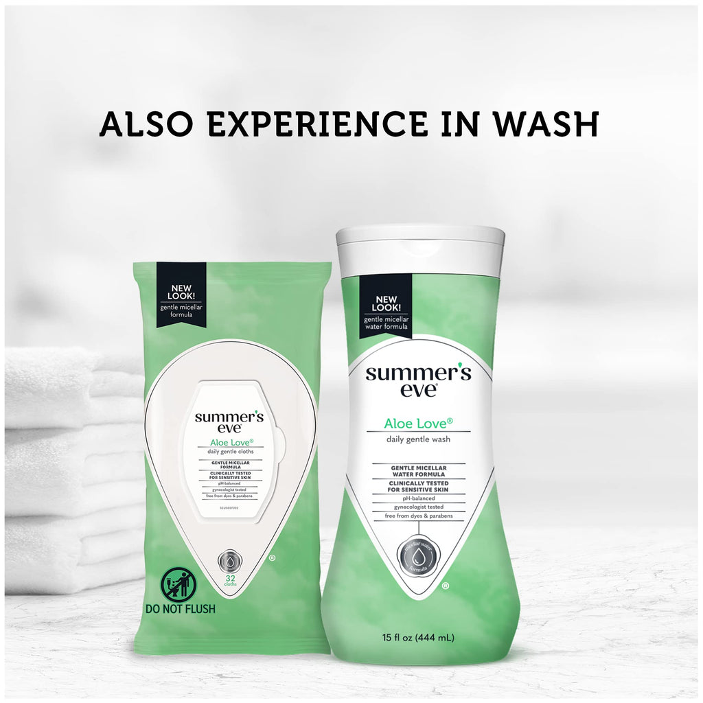 Summer’s Eve Aloe Love Cleansing Cloths – 32 ct, Pack of 4 | Gentle, pH-Balanced Wipes for Sensitive Skin