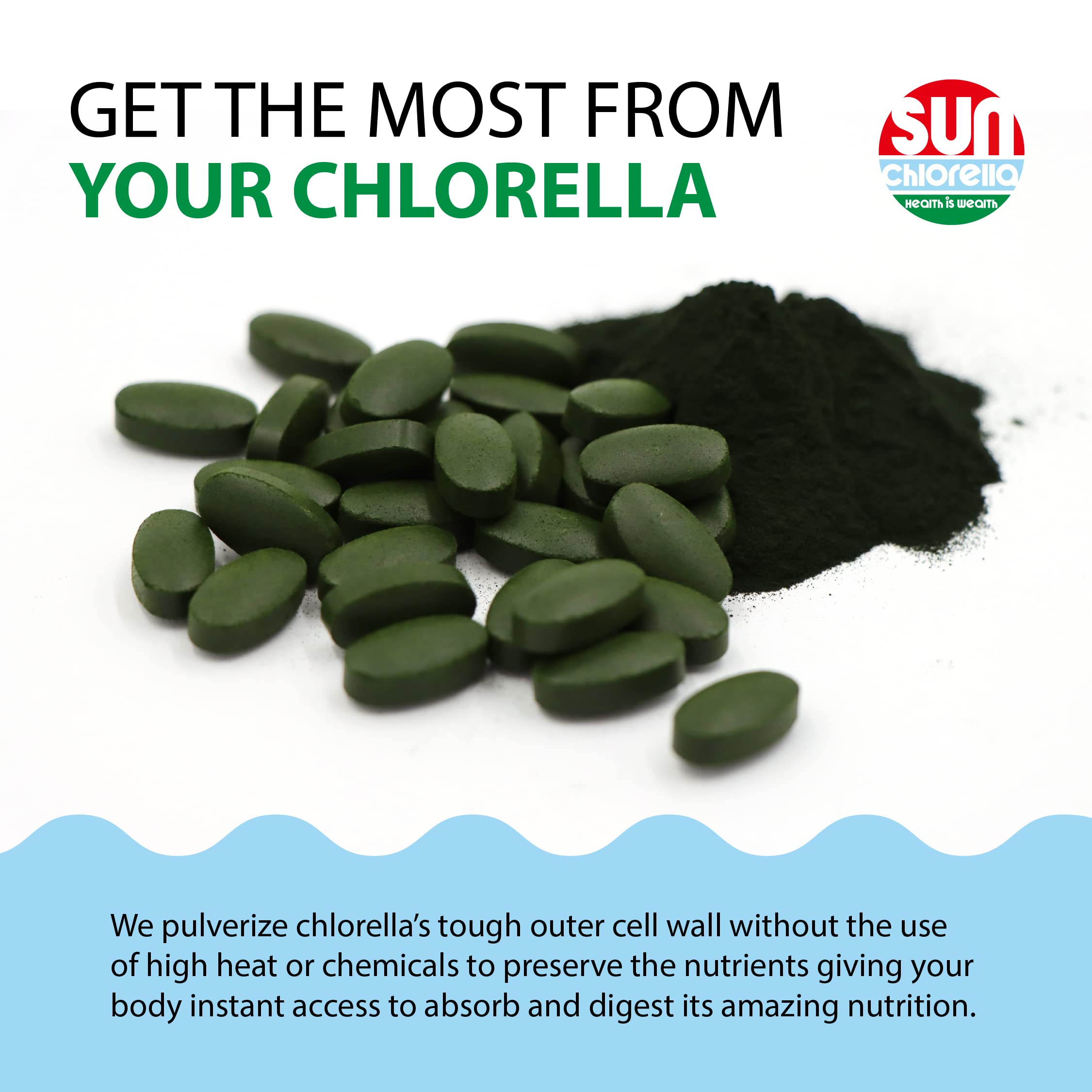 Sun Chlorella 500mg Whole Body Wellness Green Algae — 600 Tablets | Non-GMO, Chlorophyll, B12 & Iron