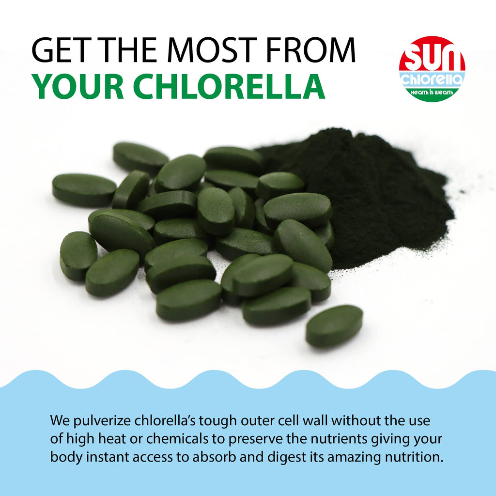 Sun Chlorella 500mg Whole Body Wellness Green Algae — 600 Tablets | Non-GMO, Chlorophyll, B12 & Iron