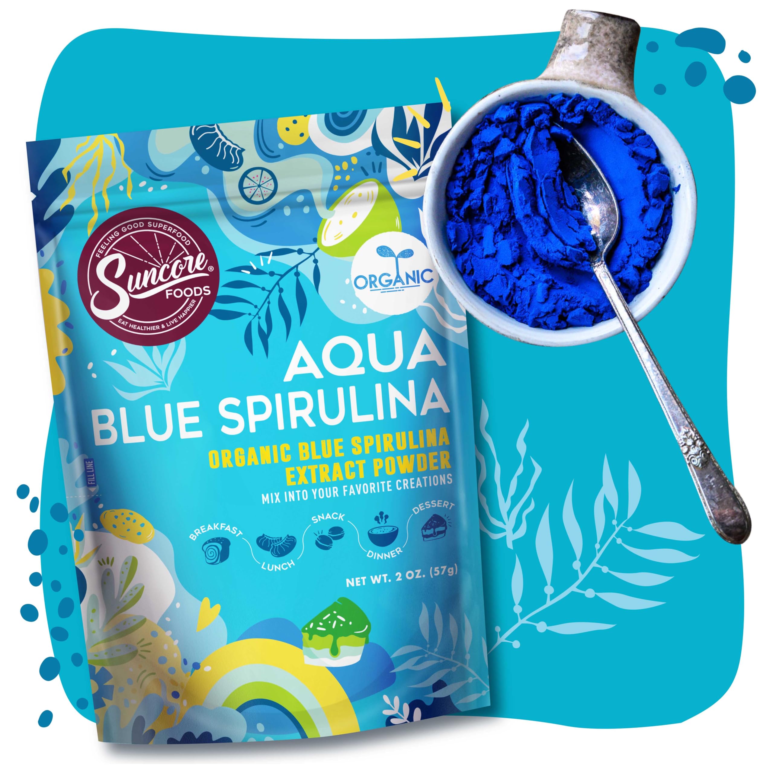 Suncore Foods Organic Aqua Blue Spirulina Powder – 2 oz, Gluten-Free & Non-GMO