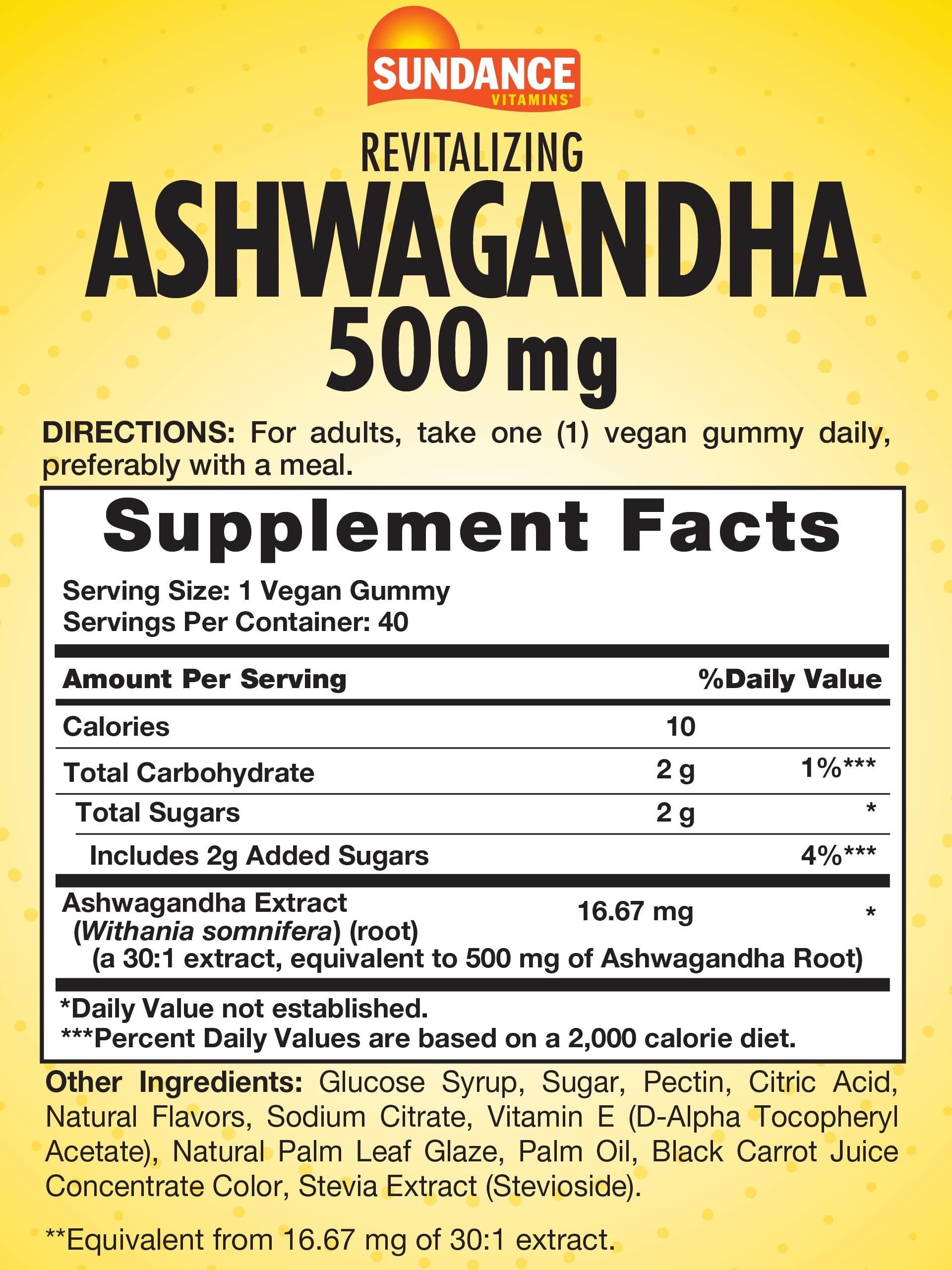 Sundance Ashwagandha Gummies | 500mg | 40 Vegan Gummies | Vegan, Non-GMO, and Gluten Free Supplement