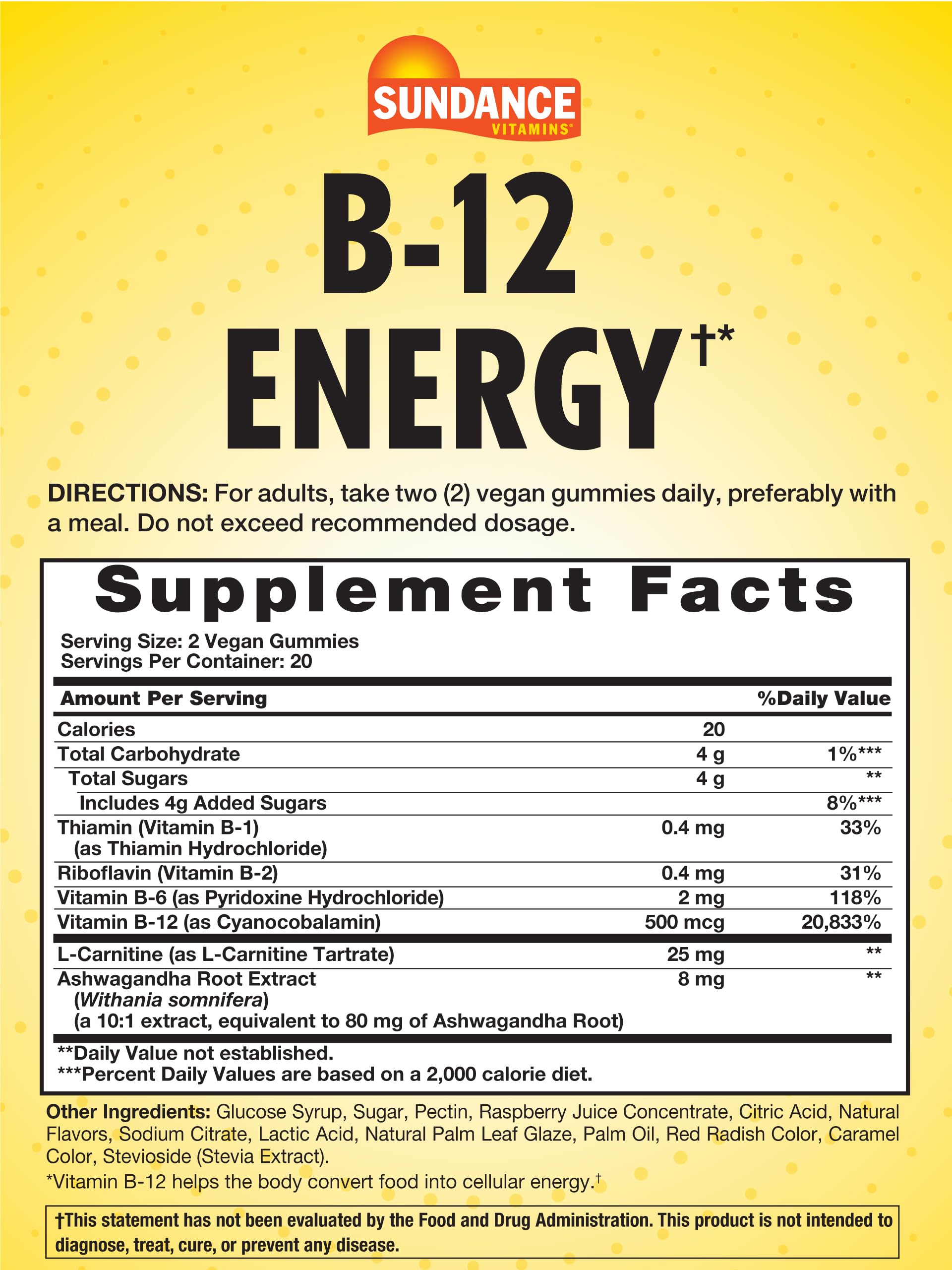 Sundance Vitamin B-12 Energy Gummies | 40 Count | Peach Raspberry Flavor | Vegan, Non-GMO, and Gluten Free Supplement