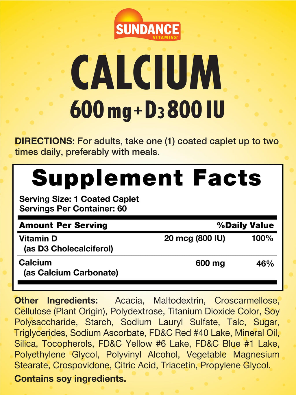 Sundance Calcium 600mg with Vitamin D3 - 60 Caplets | Vegetarian, Non-GMO, Gluten Free