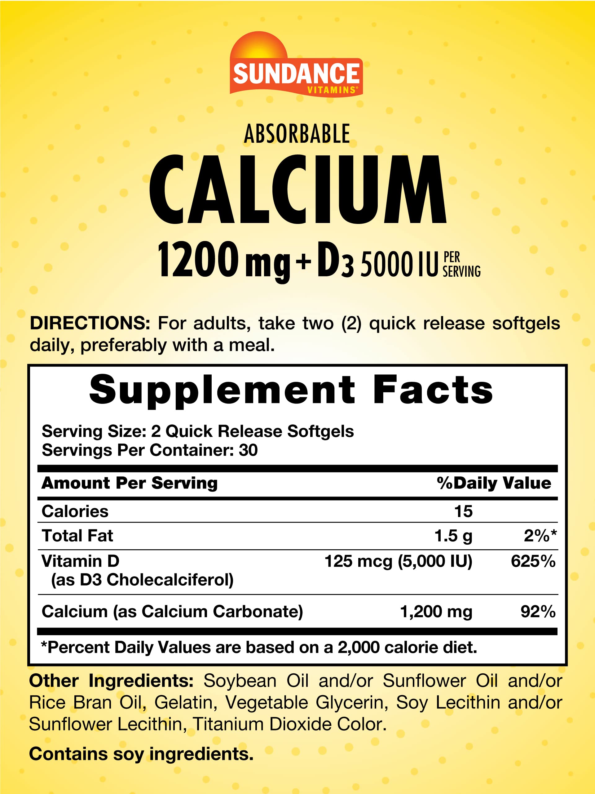 Sundance Calcium 1200 mg + Vitamin D3 5000 IU | 60 Softgels | Non-GMO & Gluten Free