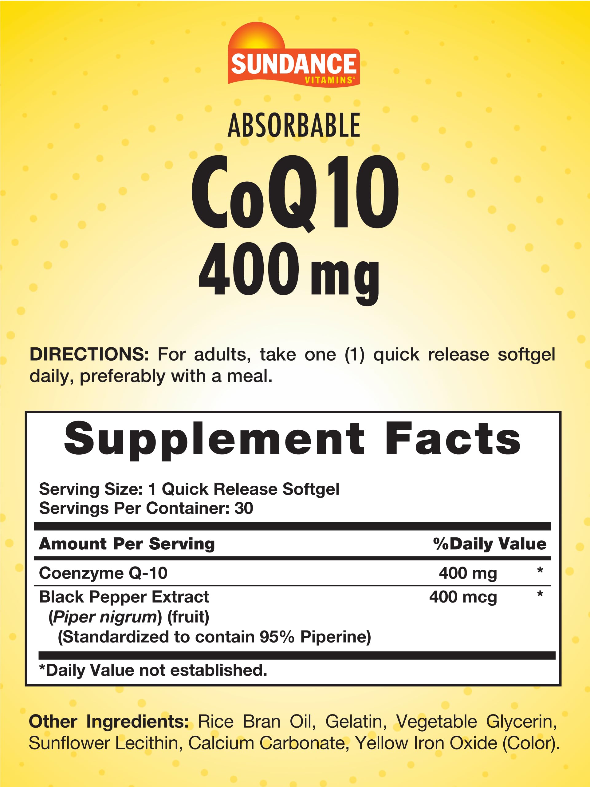 Sundance CoQ10 400 mg – 30 Softgels with Black Pepper Extract | Non-GMO, Gluten Free