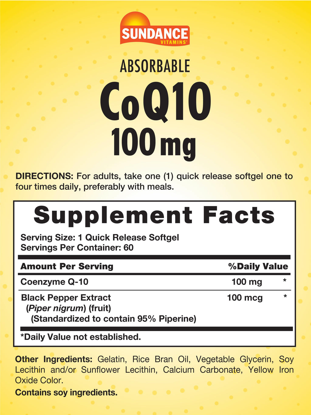 Sundance CoQ10 100mg Softgels – 60 Count, Black Pepper Extract, Non-GMO & Gluten Free