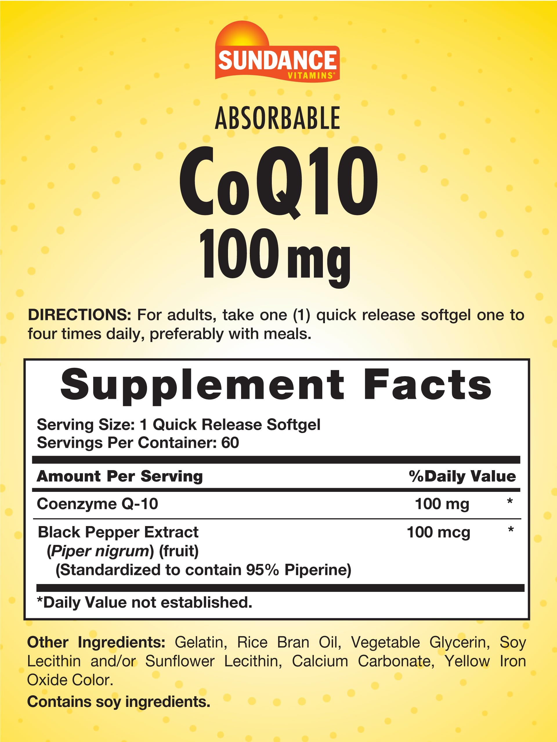 Sundance CoQ10 100mg Softgels – 60 Count, Black Pepper Extract, Non-GMO & Gluten Free