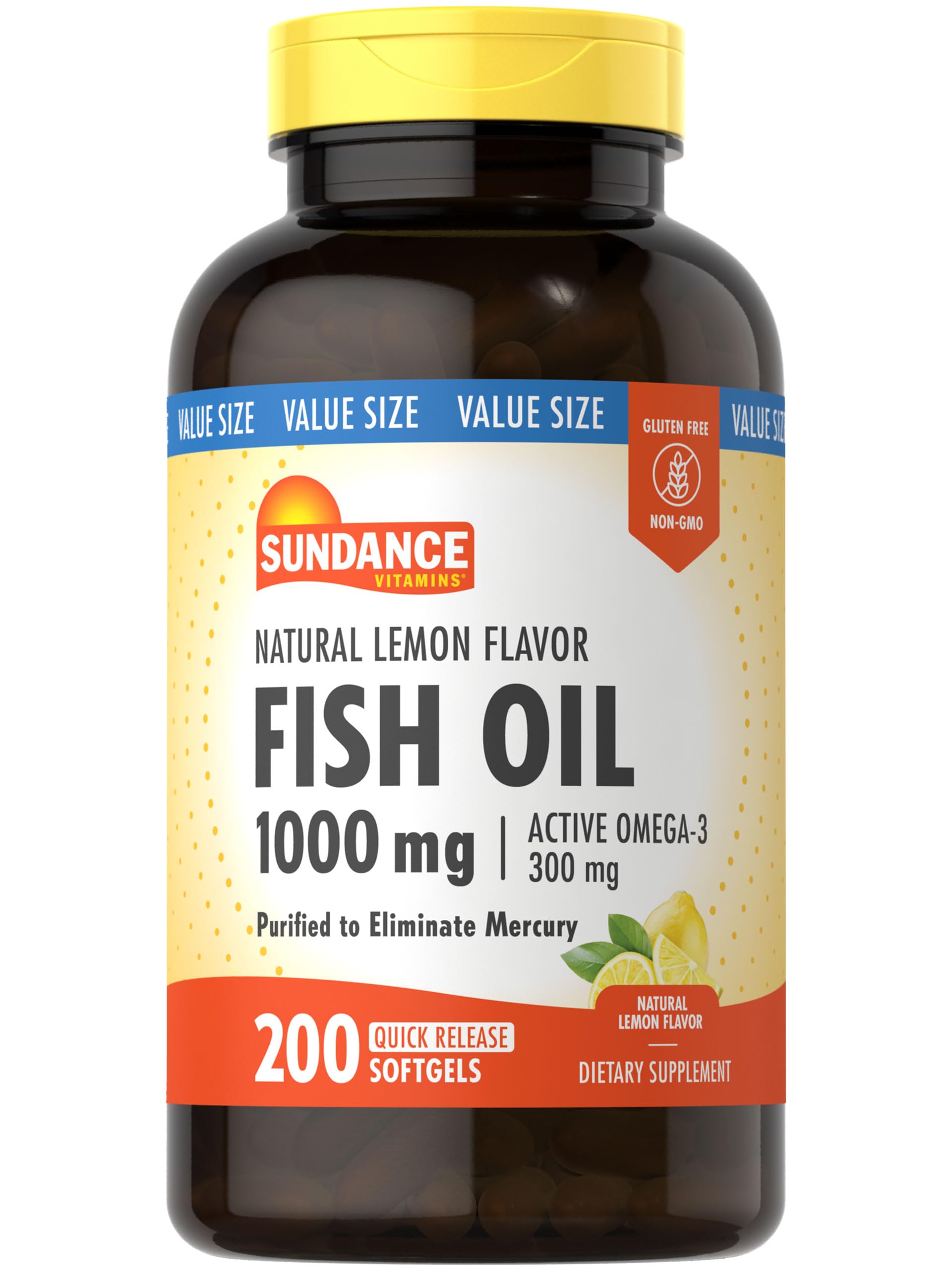 Sundance Fish Oil Softgels 1000mg with Active Omega-3 – Lemon Flavor, 200 Softgels, Non-GMO & Gluten Free