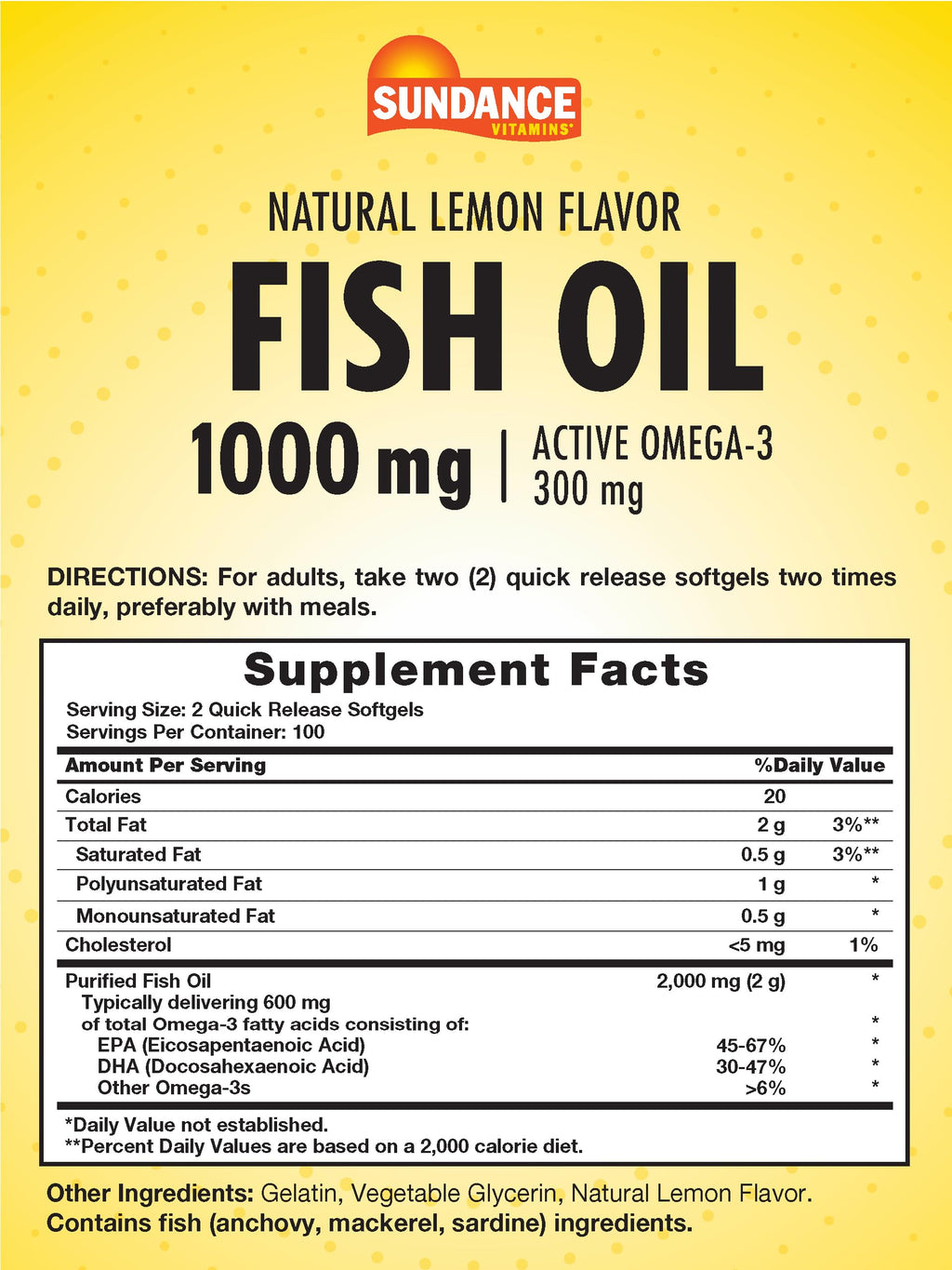Sundance Fish Oil Softgels 1000mg with Active Omega-3 – Lemon Flavor, 200 Softgels, Non-GMO & Gluten Free