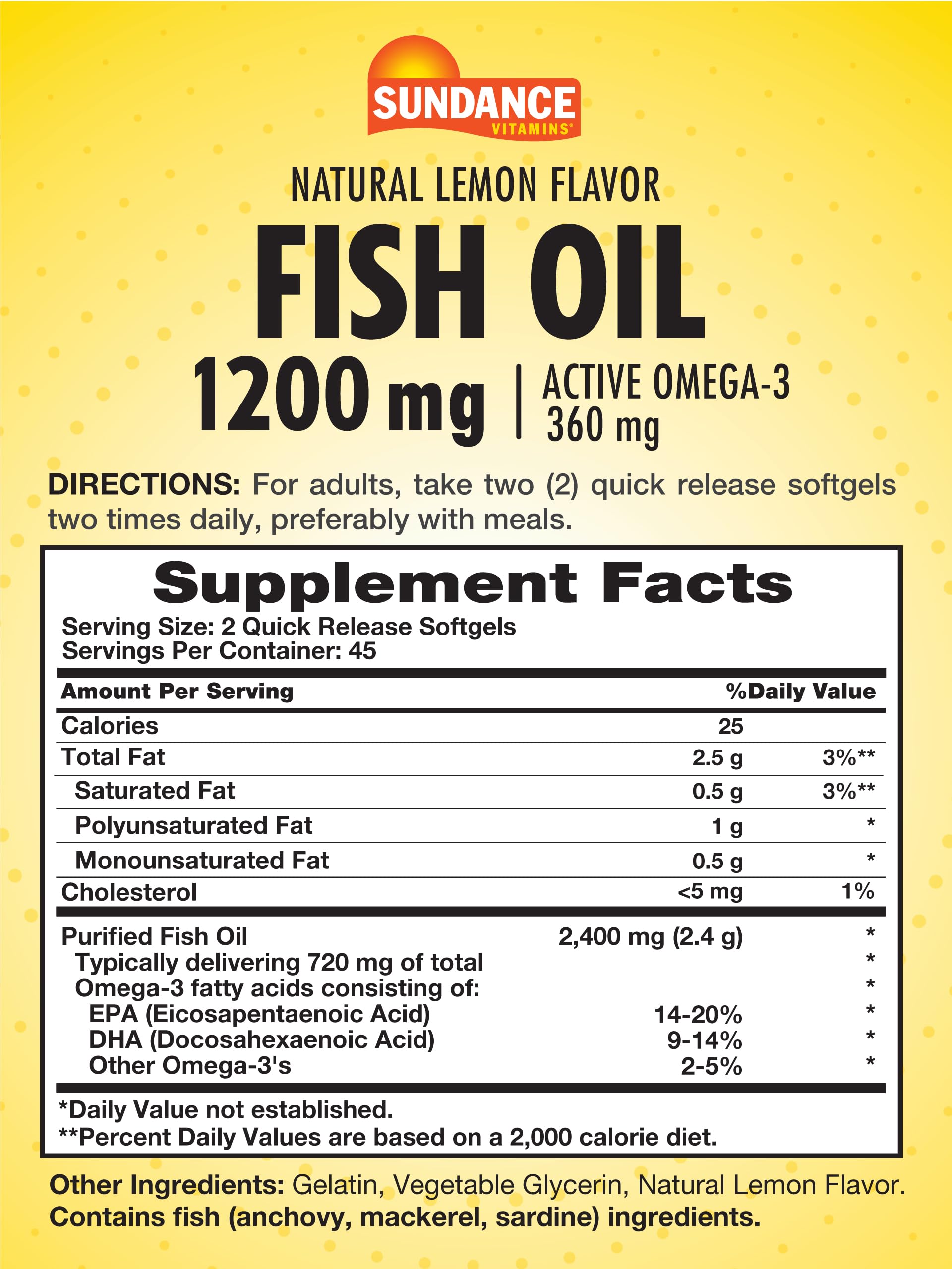 Sundance Fish Oil Softgels 1200mg - 360mg Omega-3, Lemon | Non-GMO & Gluten Free