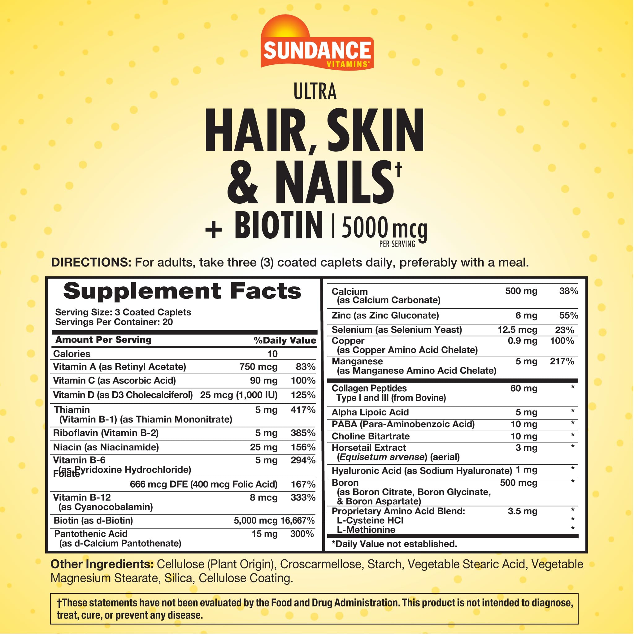 Sundance Hair, Skin & Nails Vitamins 5000mcg | Biotin & Collagen | 60 Caplets