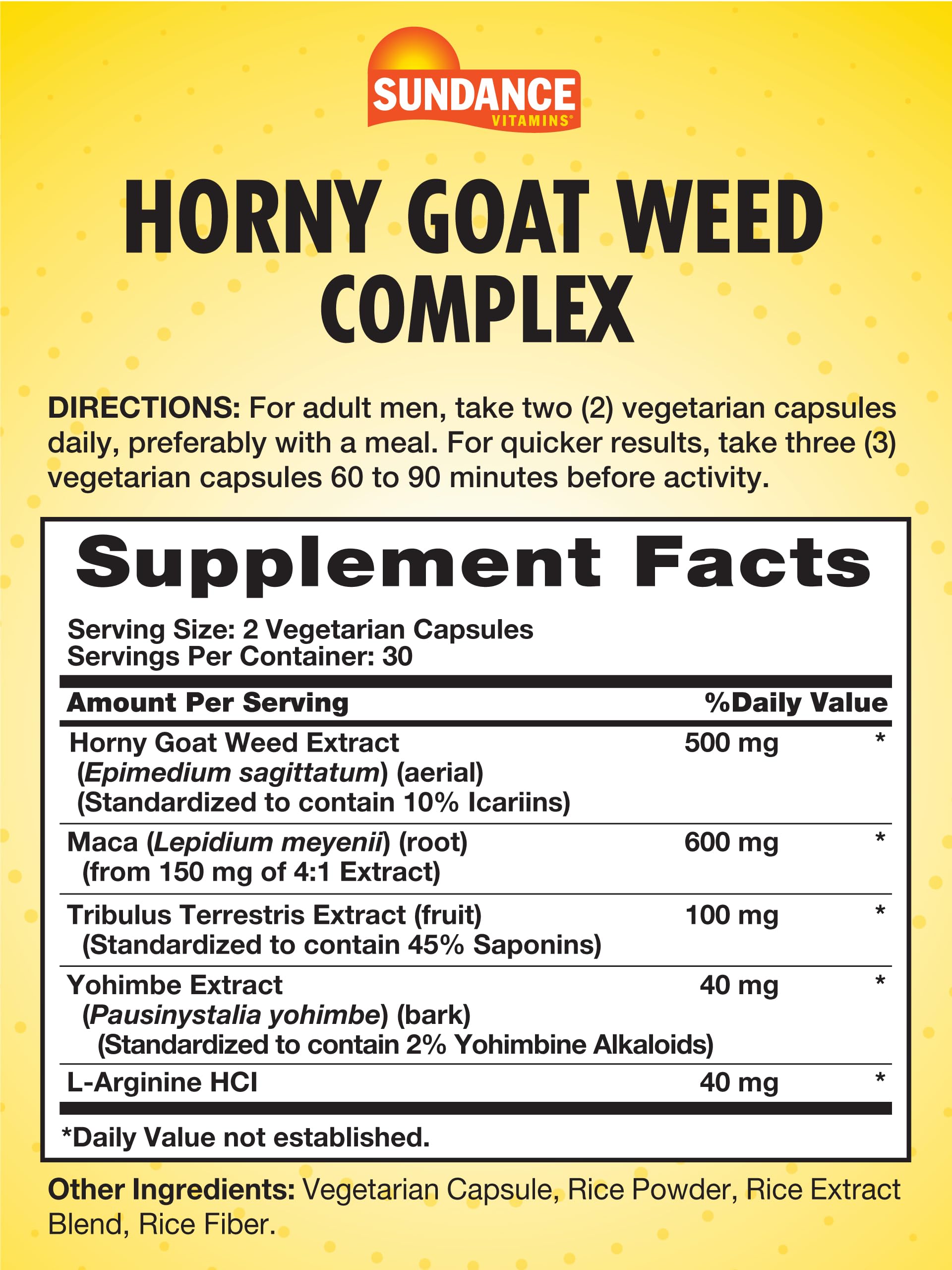 Sundance Horny Goat Weed Complex – 60 Capsules | Maca, Tribulus Terrestris & L-Arginine | Vegetarian, Non-GMO, Gluten Free