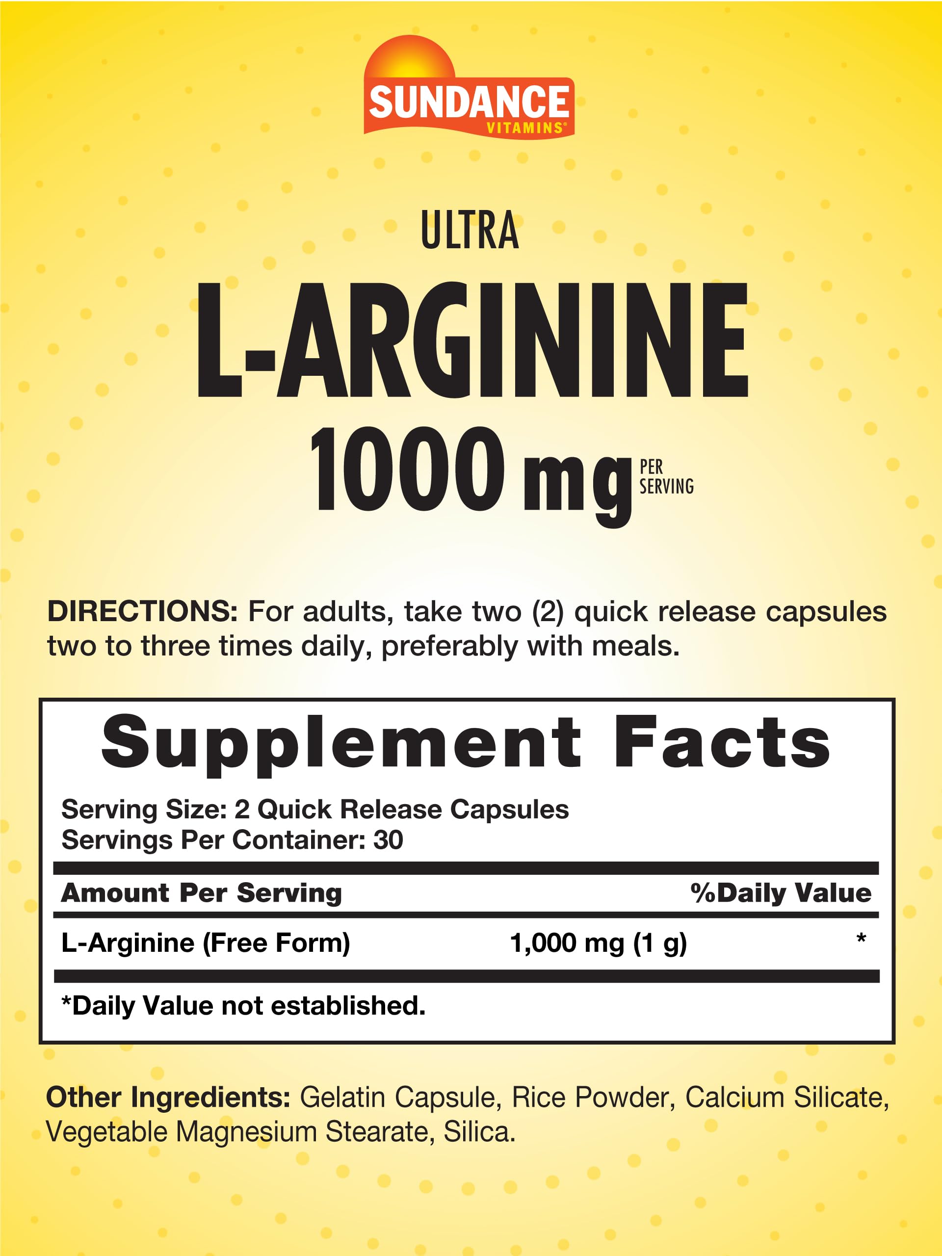 Sundance L-Arginine 1000mg Capsules – 60 Count | Free Form Amino Acid Supplement | Non-GMO & Gluten Free