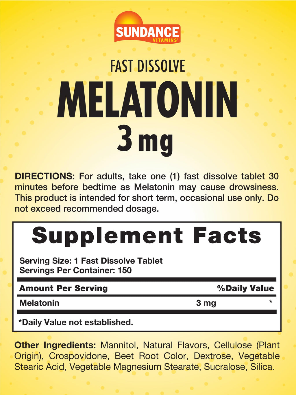 Sundance Melatonin Fast Dissolve 3mg – Berry Flavor, Vegetarian, Non-GMO, Gluten Free