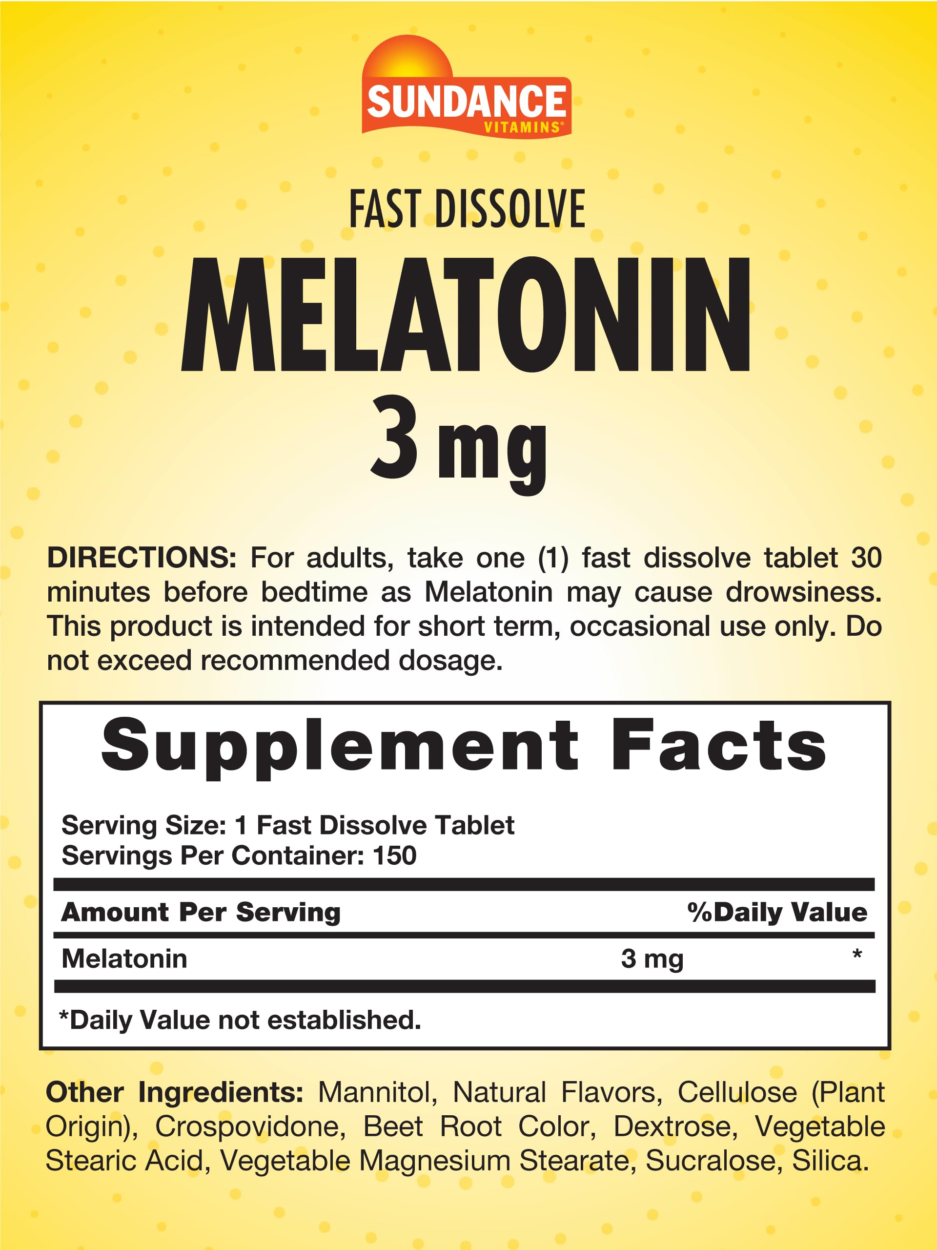 Sundance Melatonin Fast Dissolve 3mg – Berry Flavor, Vegetarian, Non-GMO, Gluten Free
