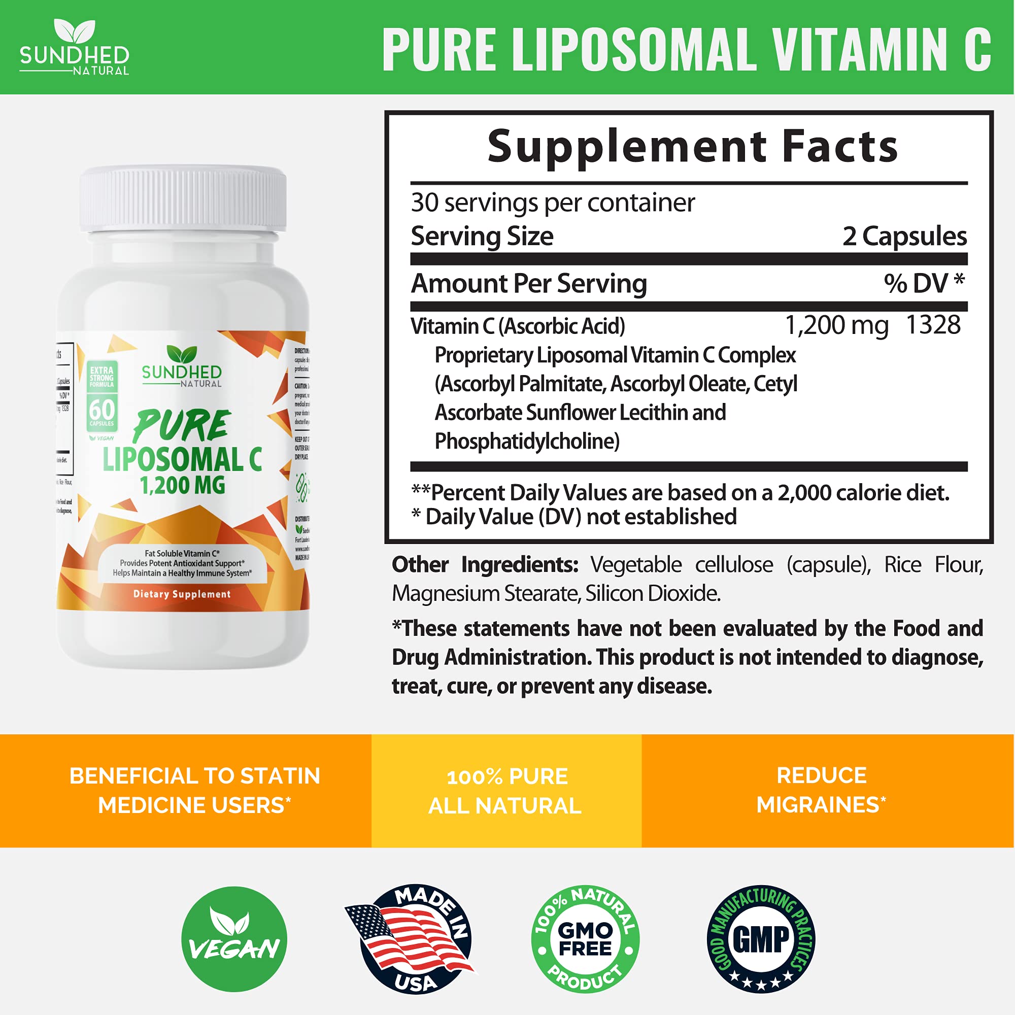 Sundhed Natural Liposomal Vitamin C - 1200mg Immune Support & Collagen Health | 60 Capsules
