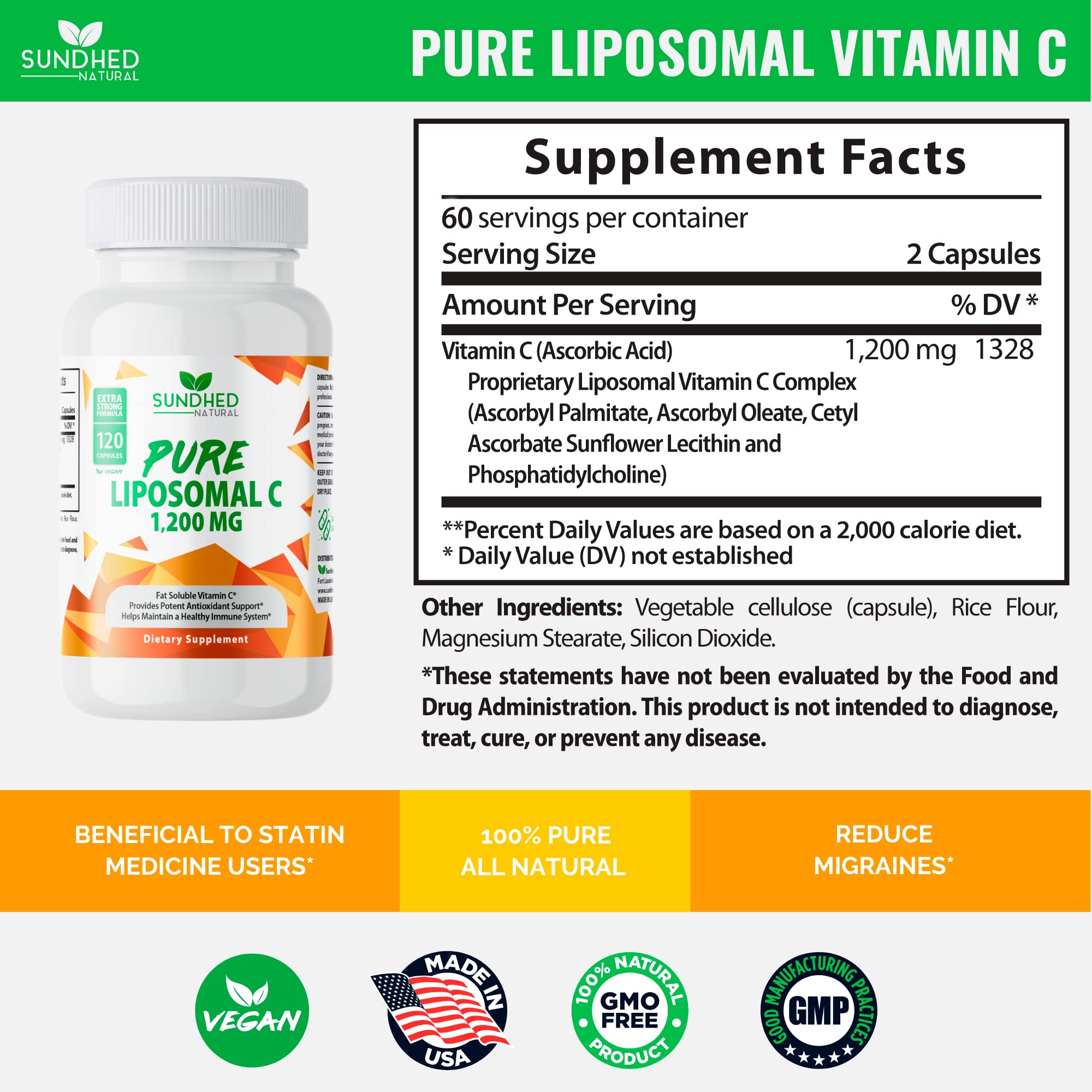 Sundhed Natural Liposomal Vitamin C - 1200mg Immune Support & Collagen Health | Pack of 2 (120 Capsules)