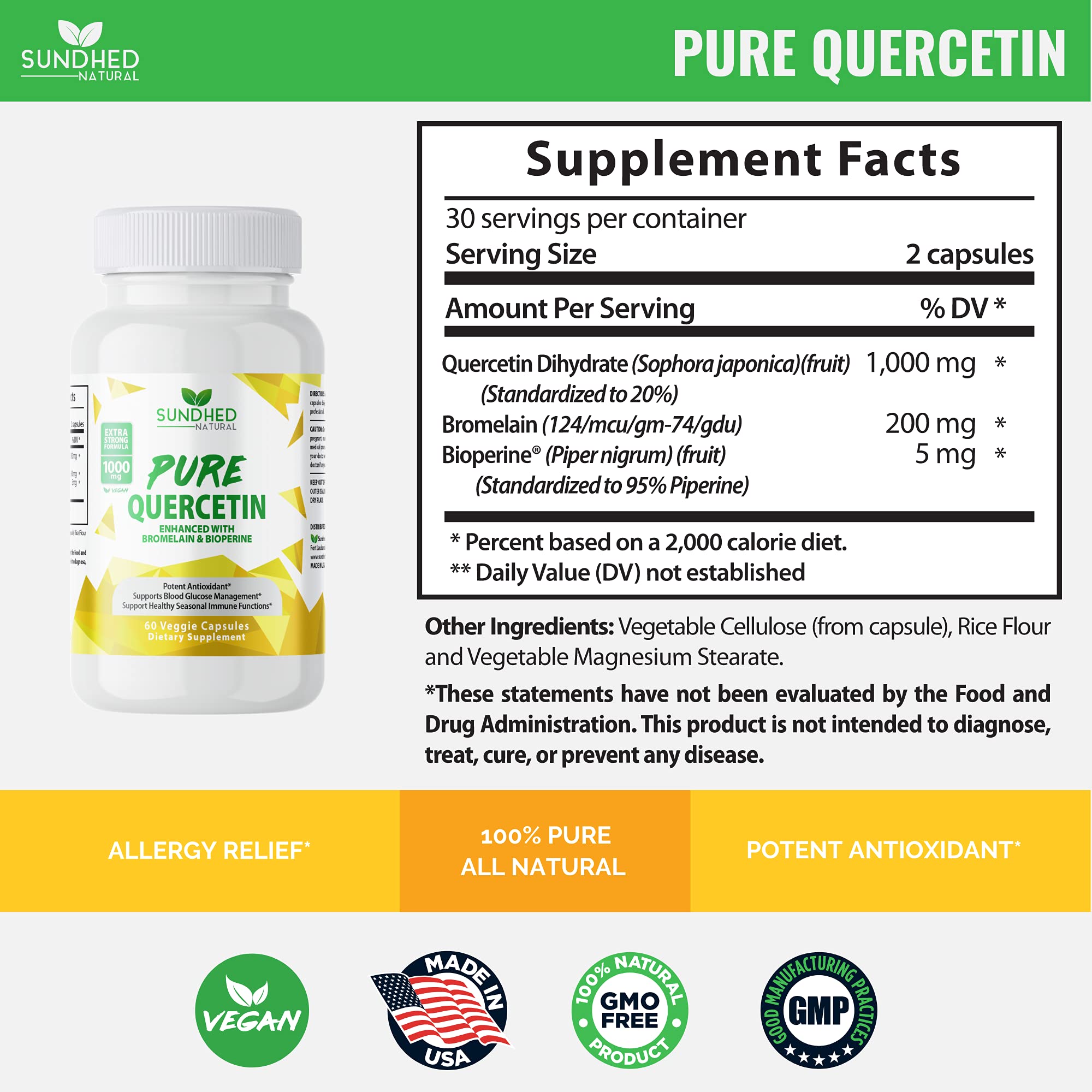 Sundhed Natural Pure Quercetin with Bromelain & Bioperine - 1000mg Extra Strong, 1-Month Supply