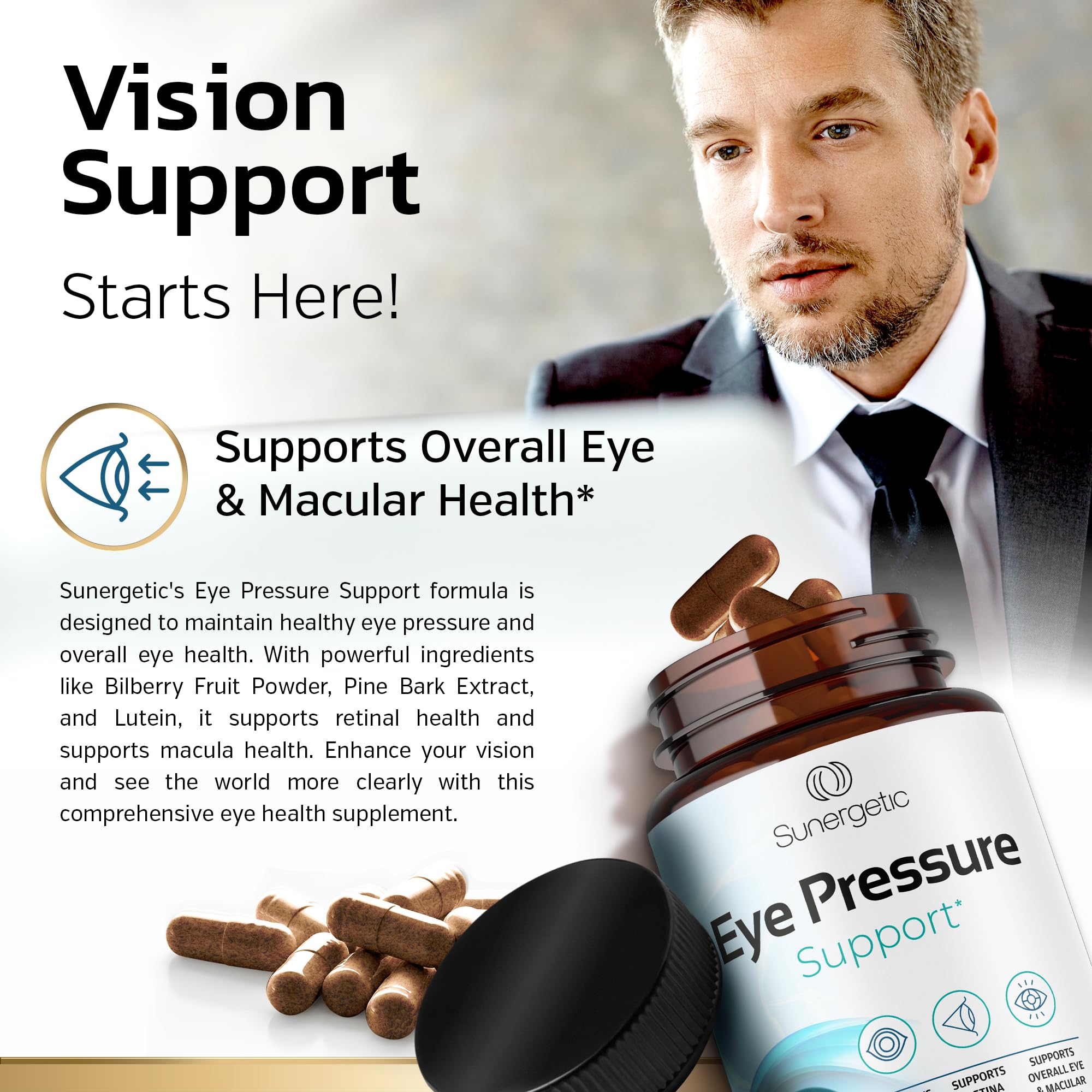 Sunergetic Premium Eye Pressure Support Supplement - Saffron, Lutein, Zeaxanthin, Bilberry & Pine Bark (2 x 30 capsules)