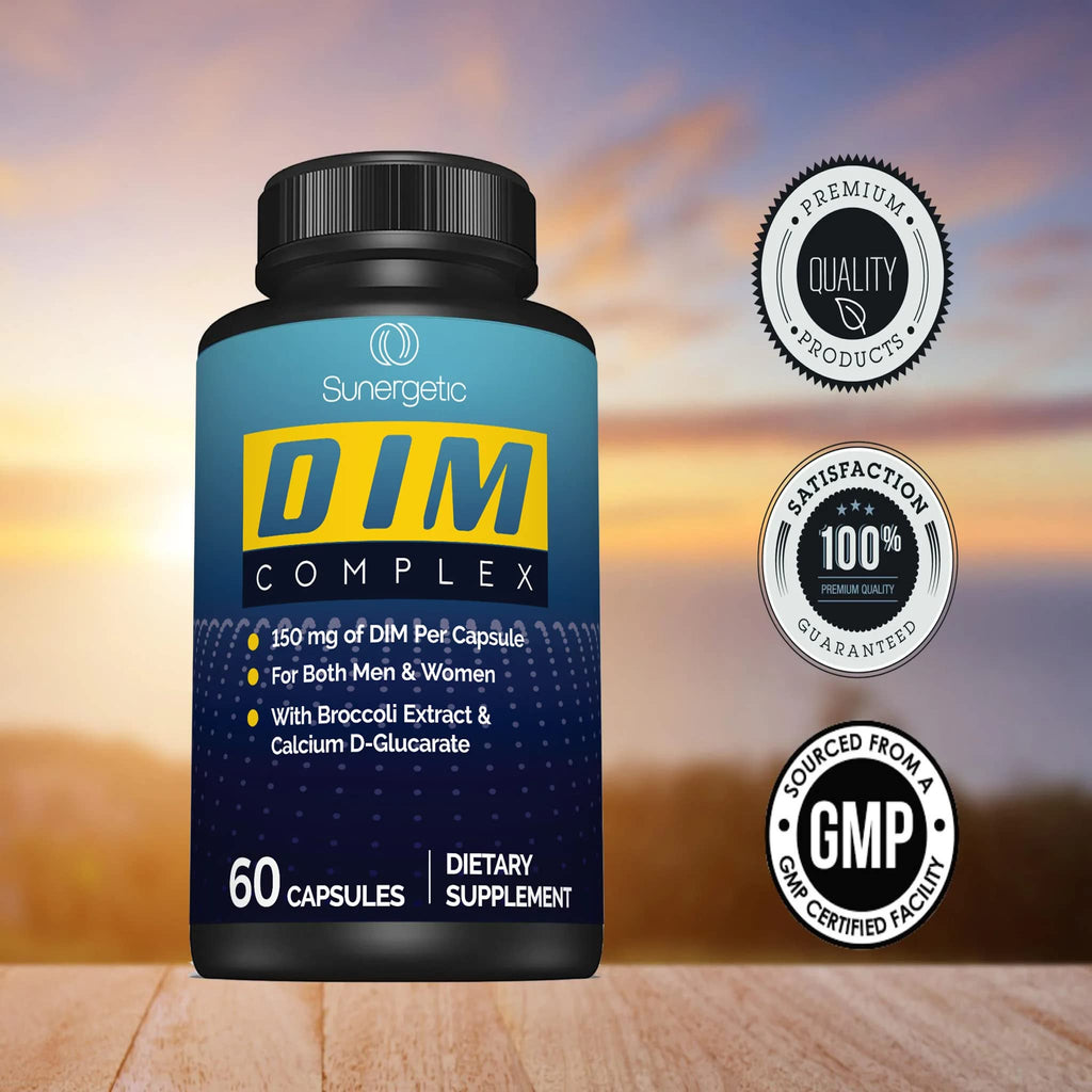 Sunergetic Premium DIM Supplement – 150mg DIM, Bioperine, Broccoli & Calcium D-Glucarate | 60 Capsules