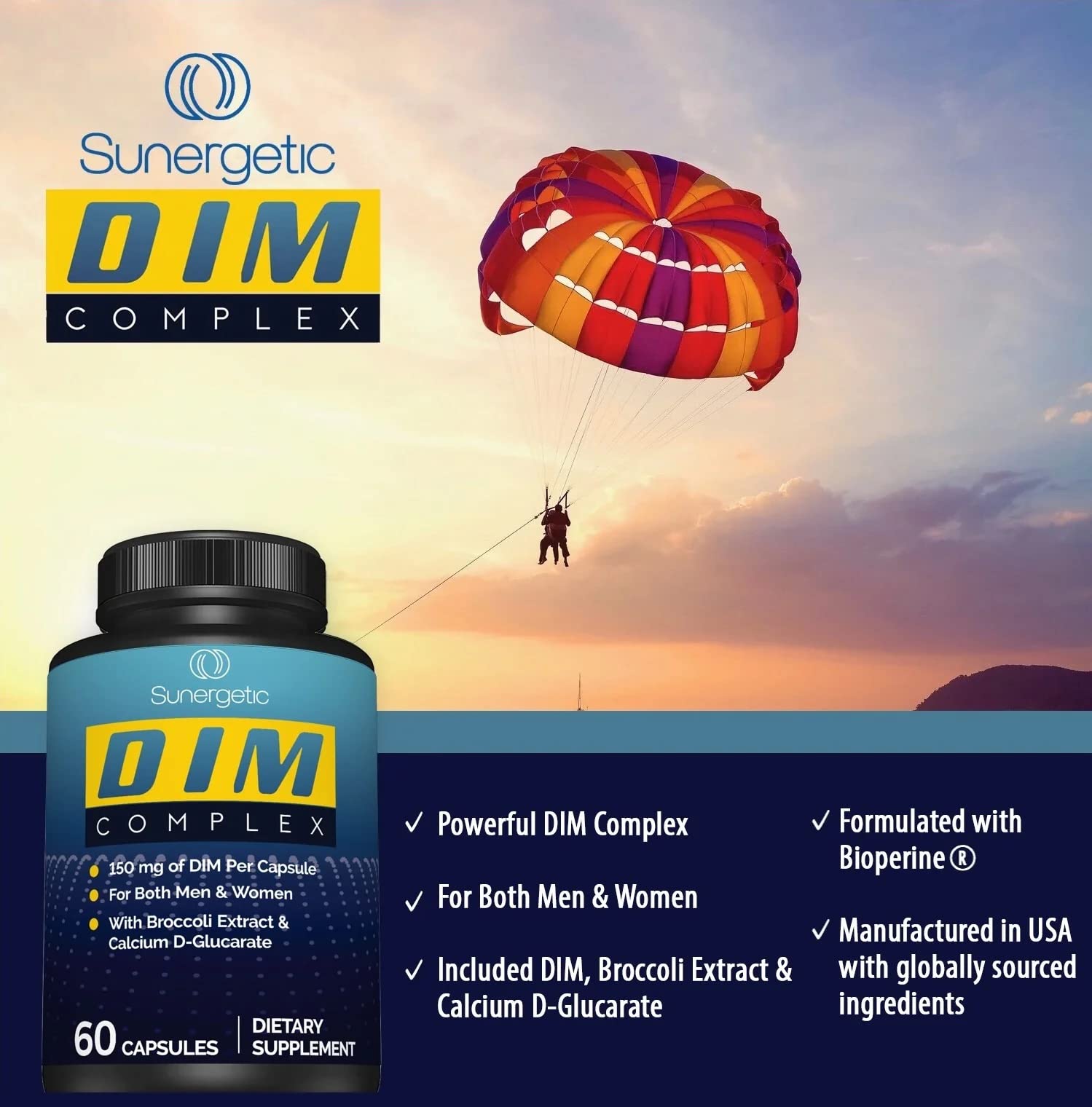 Sunergetic Premium DIM Supplement – 150mg DIM, Bioperine, Broccoli & Calcium D-Glucarate | 60 Capsules