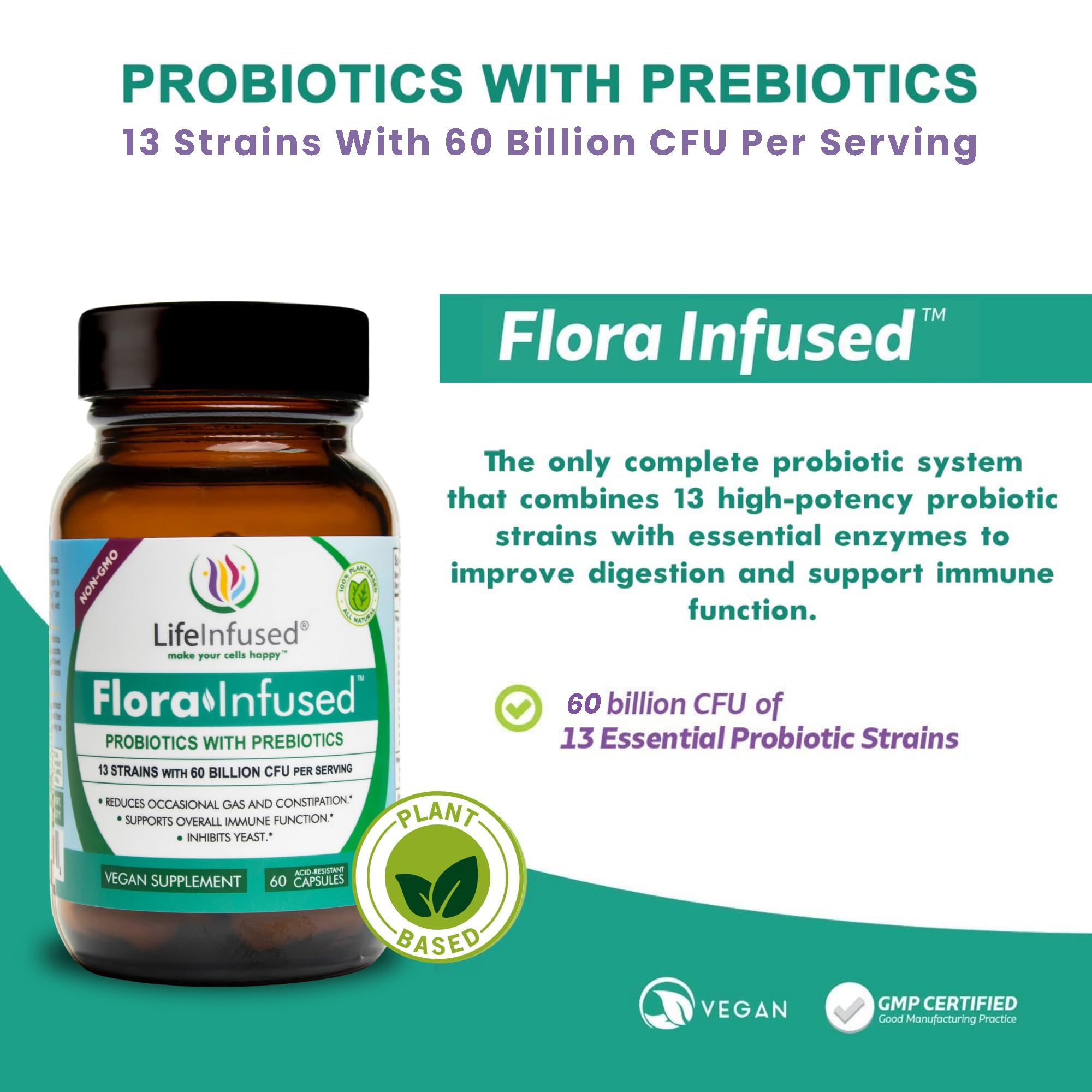 Life Infused Flora Infused Probiotics with Prebiotics - 50 Billion CFU, 13 Strains, Enzyme Blend - Vegan - 60 Capsules