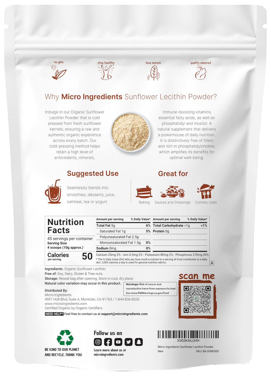 Organic Sunflower Lecithin Powder – 1 lb, Cold Pressed & Non-GMO