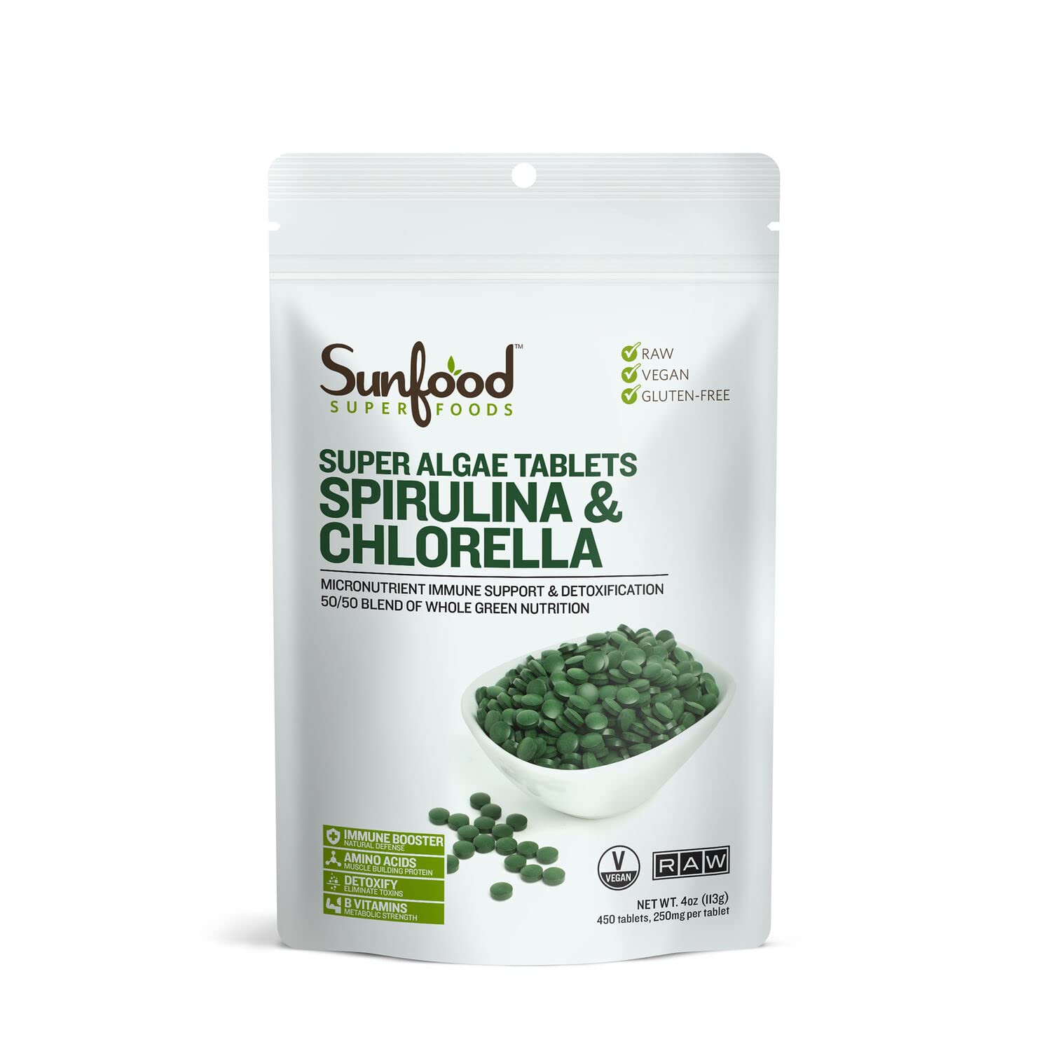 Sunfood Chlorella Spirulina Tablets - Vegan Green Algae Supplement, 4 oz