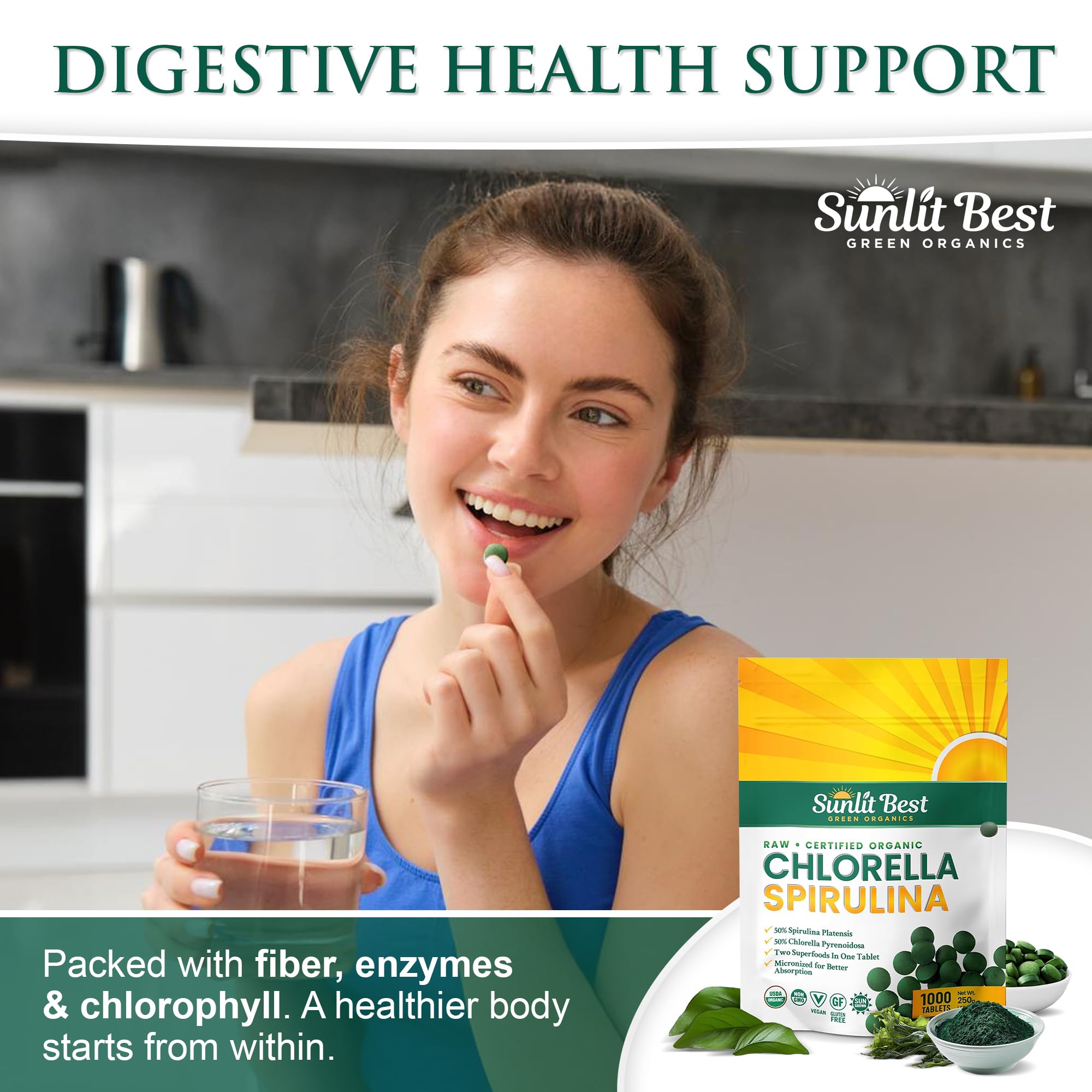 Sunlit Best Organic Burst Chlorella Spirulina Tablets - 1000 Count