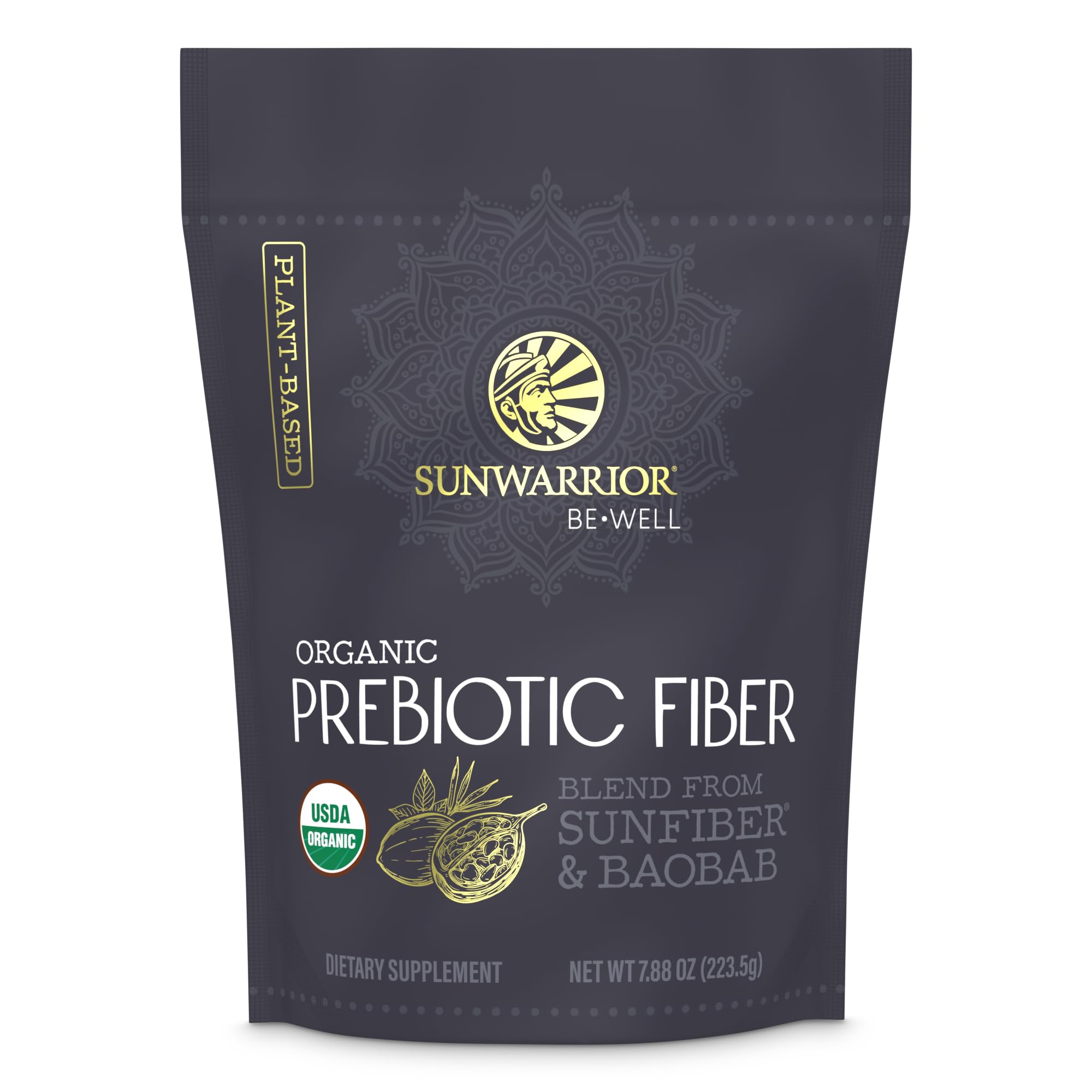 Sunwarrior Be Well Prebiotic Fiber Supplement - Organic Plant-Powered Gut Health (Vegan, Non-GMO) 8oz Pouch | 30 Servings