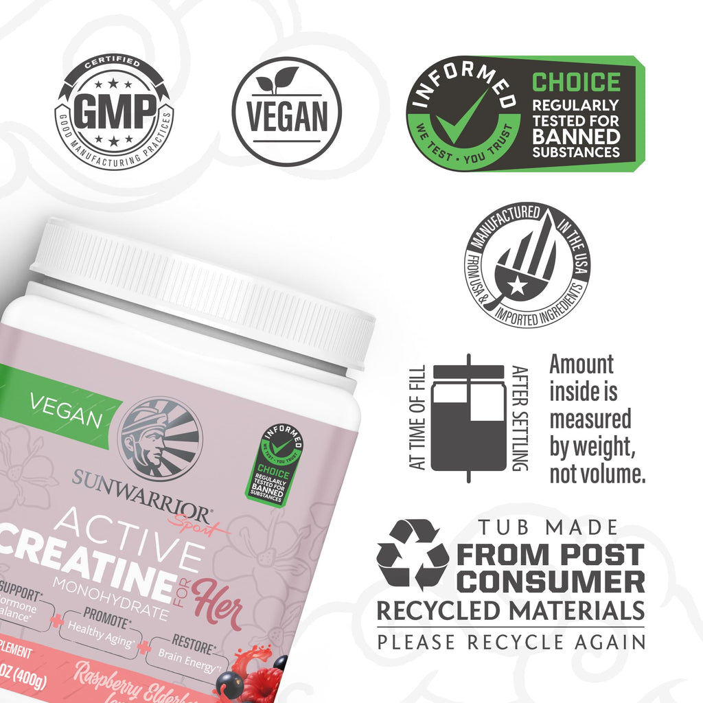 Sunwarrior Creatine for Women – Vegan Monohydrate Powder, Raspberry Lemonade (50 Servings)