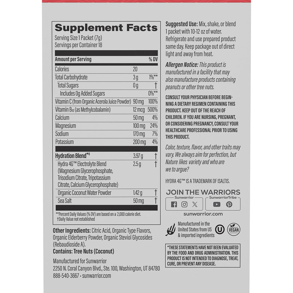 Sunwarrior Hydration Powder Electrolyte Packets Powder | Strawberry Colada Flavored | 18 Stick Packs 126g Pouch | Vegan and Plant-Based Sugar Free | B12 Elderberry and Electrolytes | Active Hydration