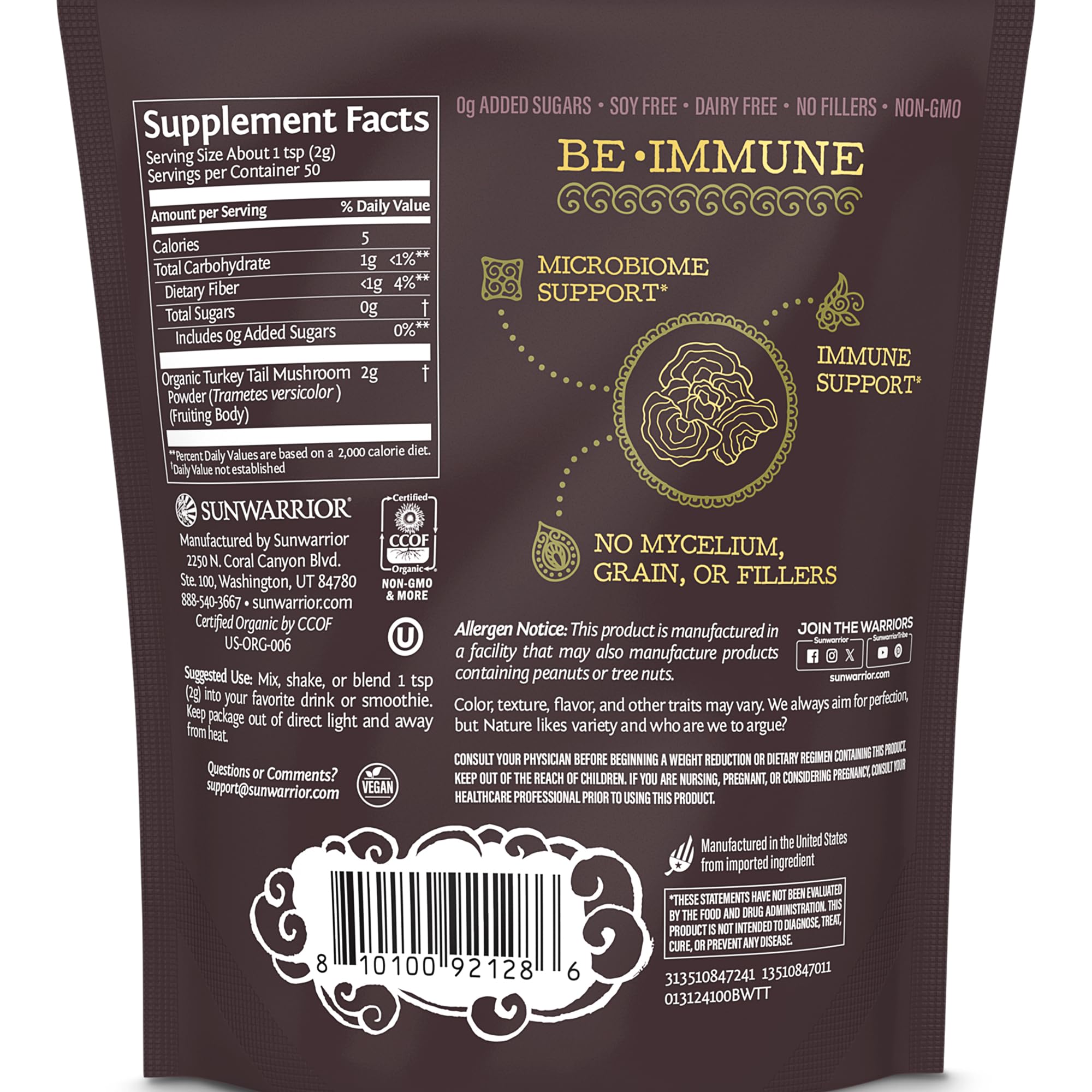 Sunwarrior Organic Turkey Tail Mushroom Powder | Immune Support & Gut Health | 100g Pouch