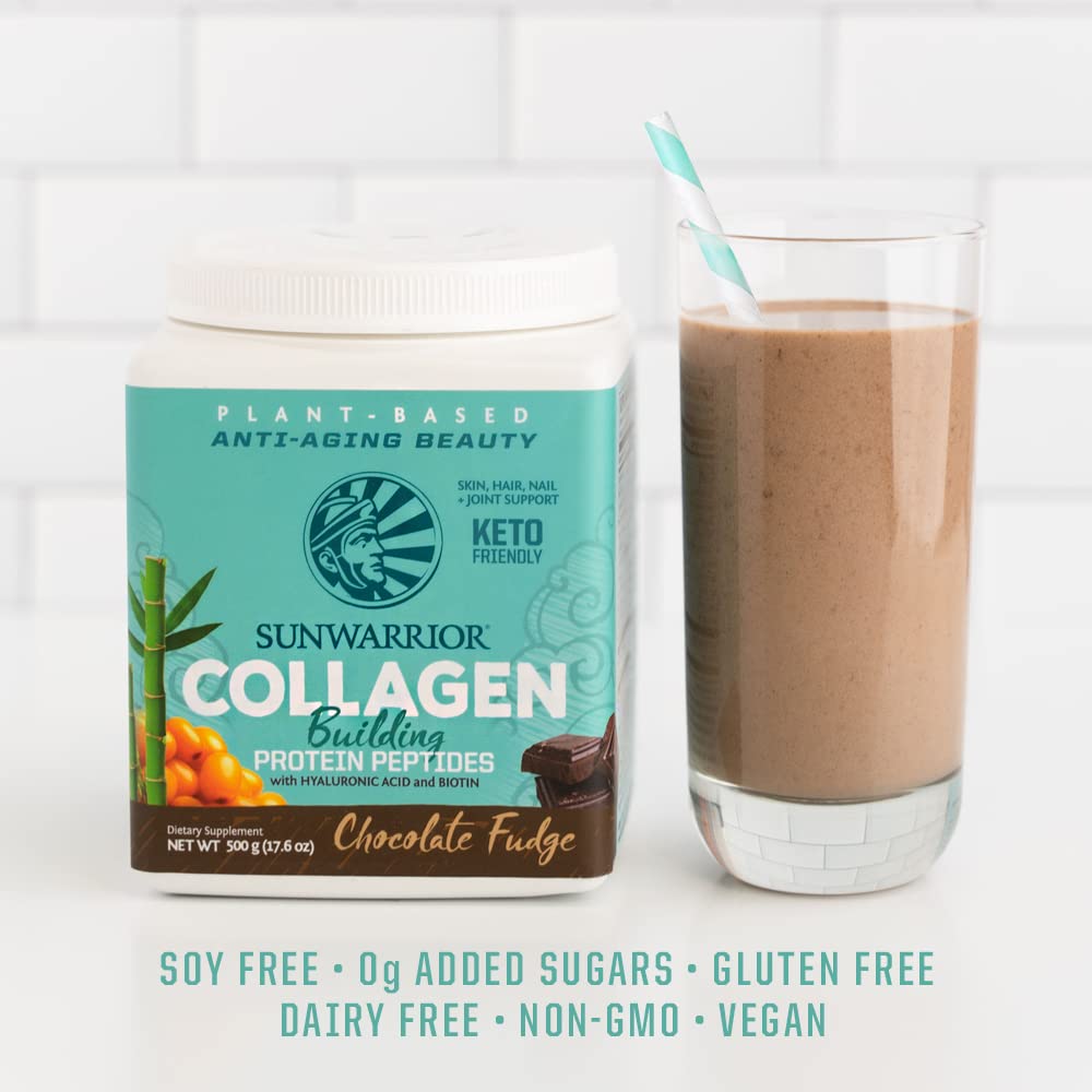 Sunwarrior Vegan Collagen Building Powder – Plant-Based Protein Peptides with Biotin, Vitamin C, Hyaluronic Acid | Dairy Free, Gluten Free | Chocolate