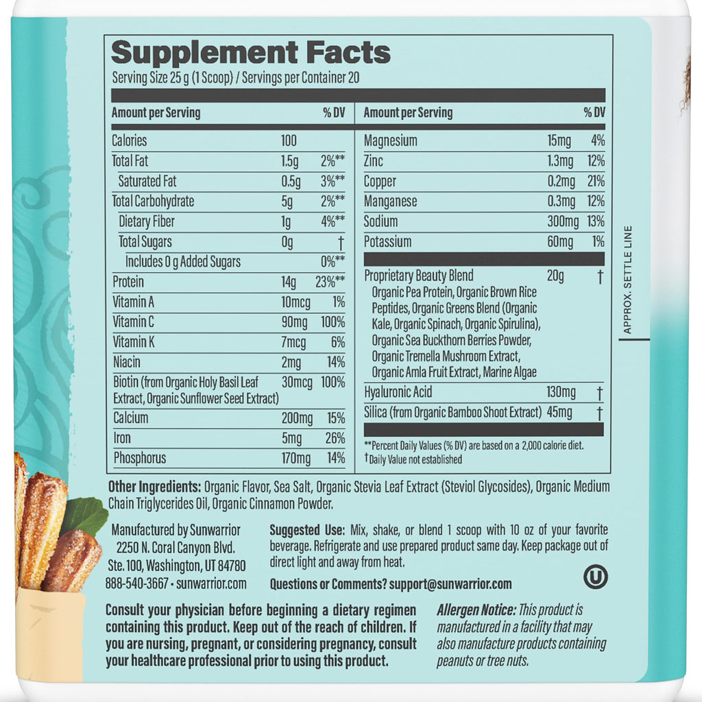 Sunwarrior Vegan Collagen Protein Powder for Women – Churro Flavor, Plant-Based, No Added Sugar, Gluten & Dairy Free