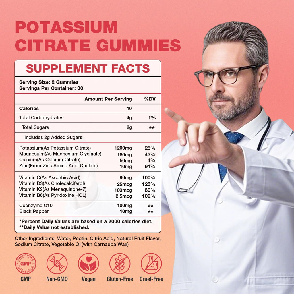 SUOOCH 2 Pack Potassium Citrate Gummies – 1200mg Potassium, Chewable Electrolyte Support for Muscle Health & Cramps