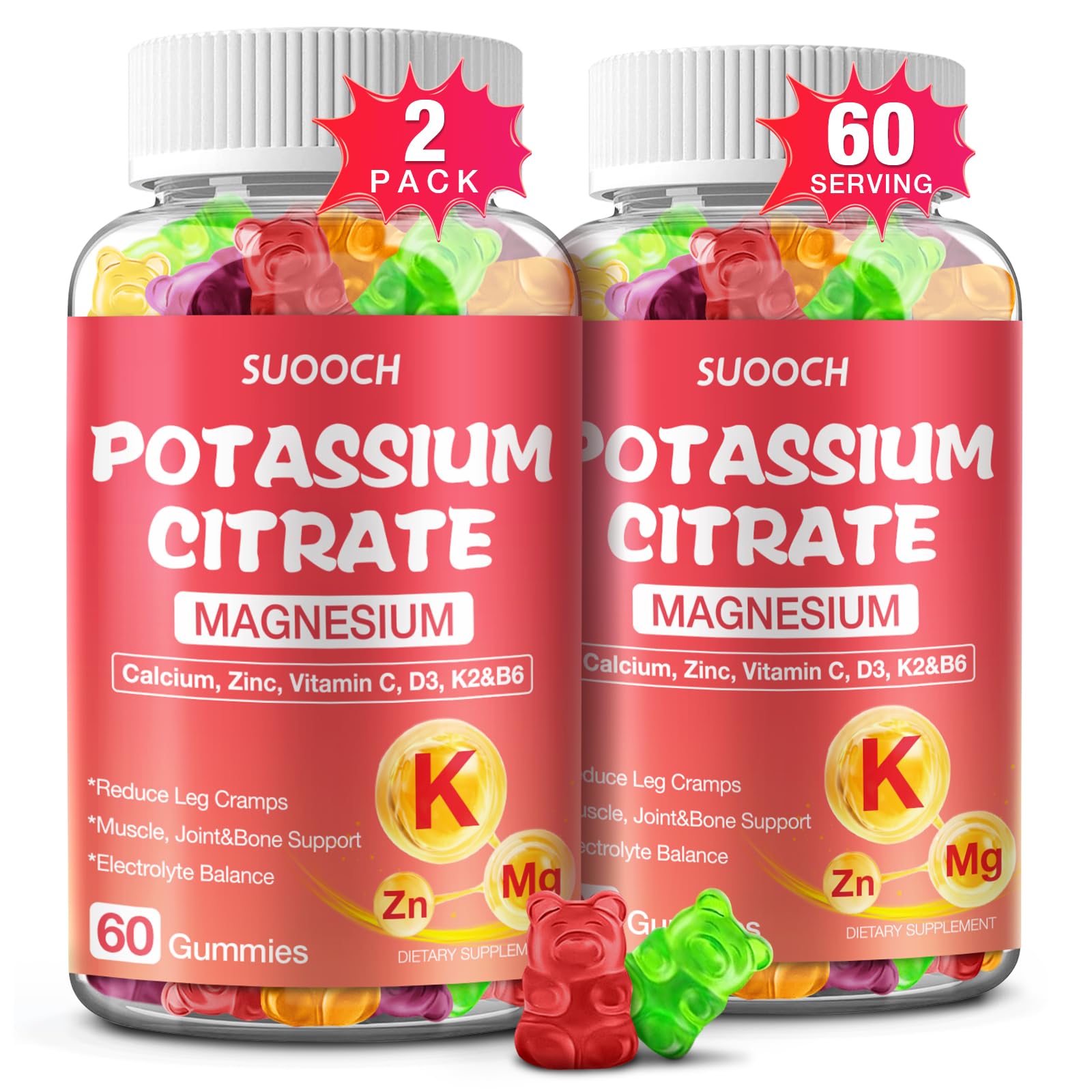 SUOOCH 2 Pack Potassium Citrate Gummies – 1200mg Potassium, Chewable Electrolyte Support for Muscle Health & Cramps