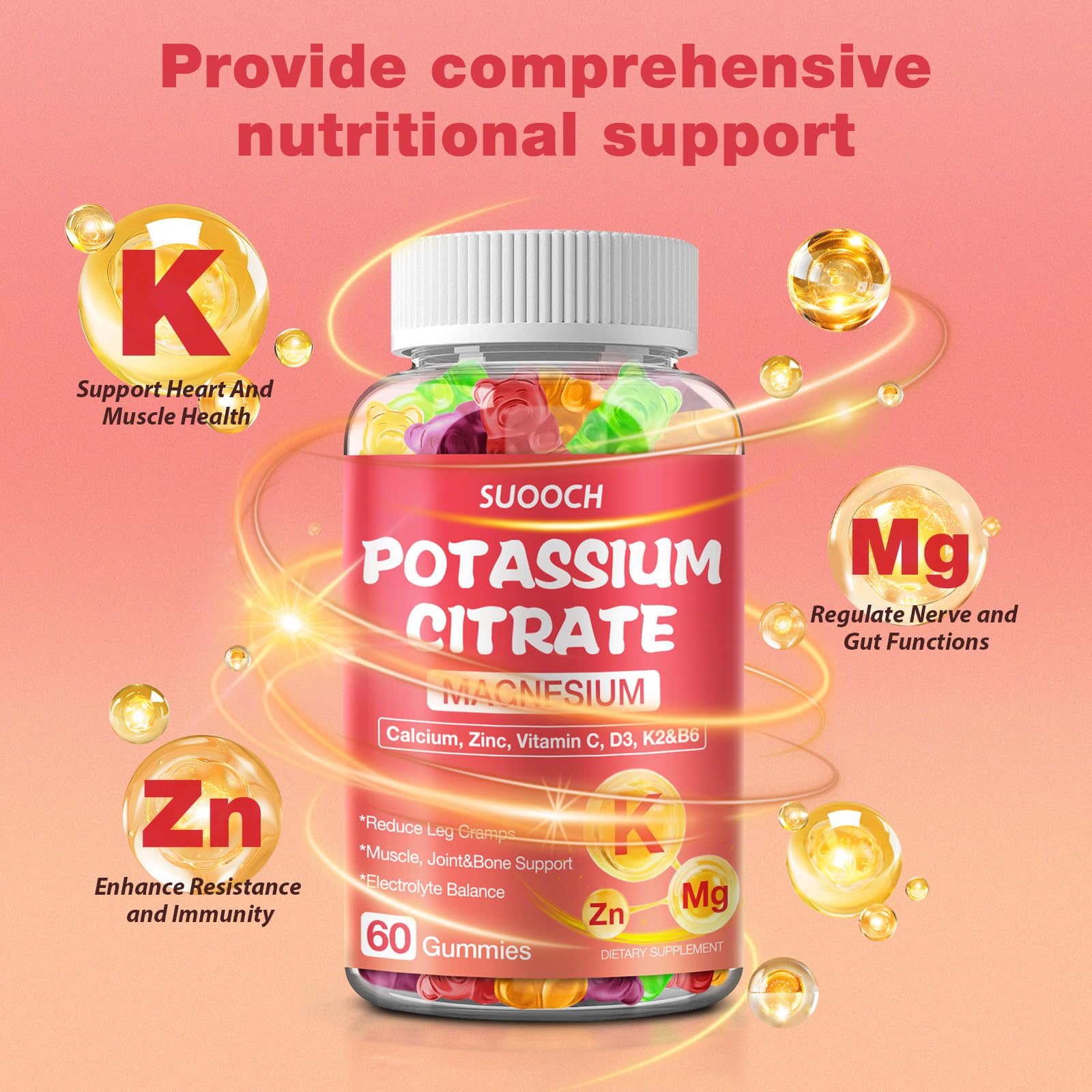 SUOOCH 2 Pack Potassium Citrate Gummies – 1200mg Potassium, Chewable Electrolyte Support for Muscle Health & Cramps