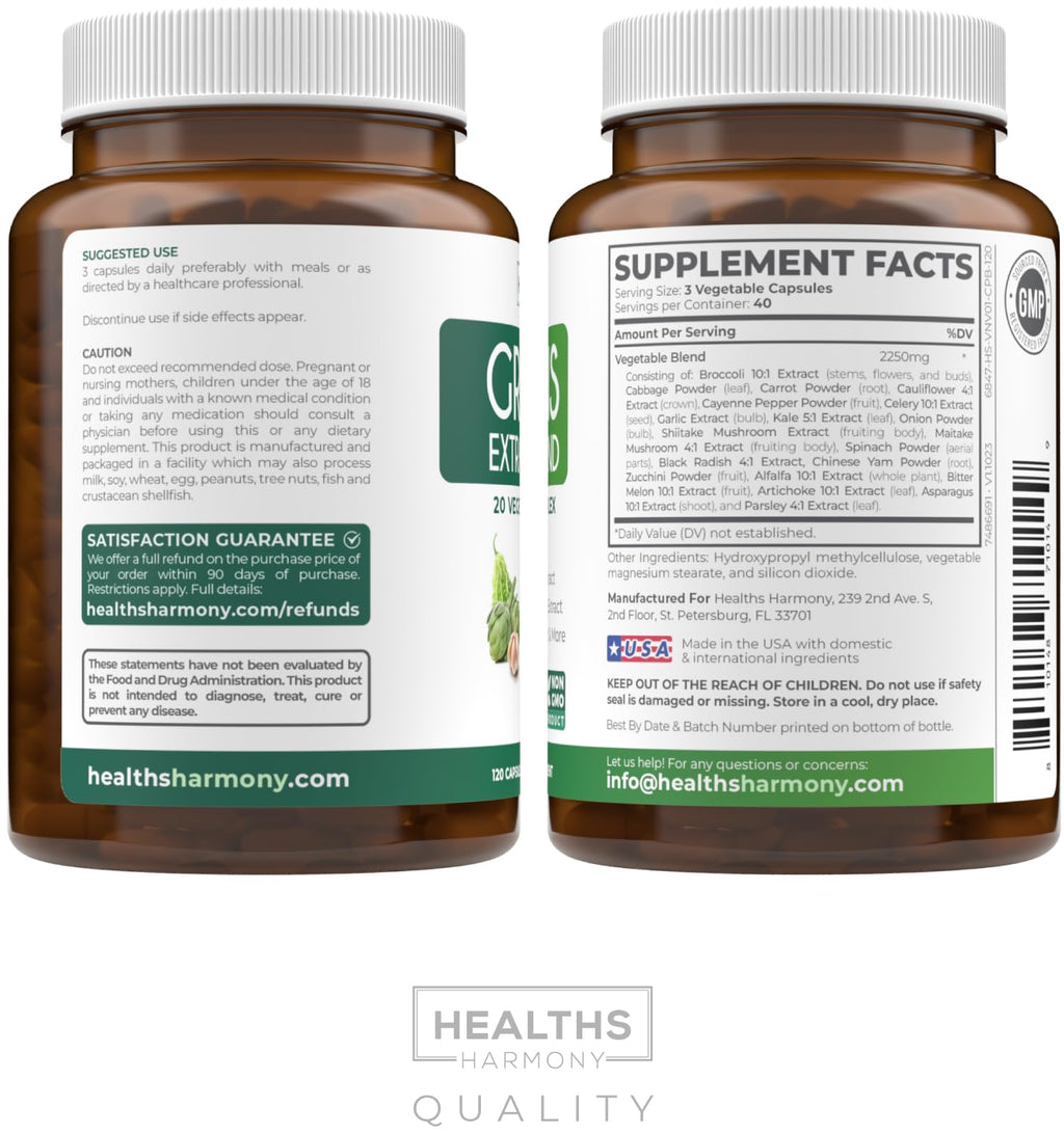 Super Greens Antioxidants Superfoods 2250mg – 20 Ingredients | NON-GMO, Vegan | 120 Capsules