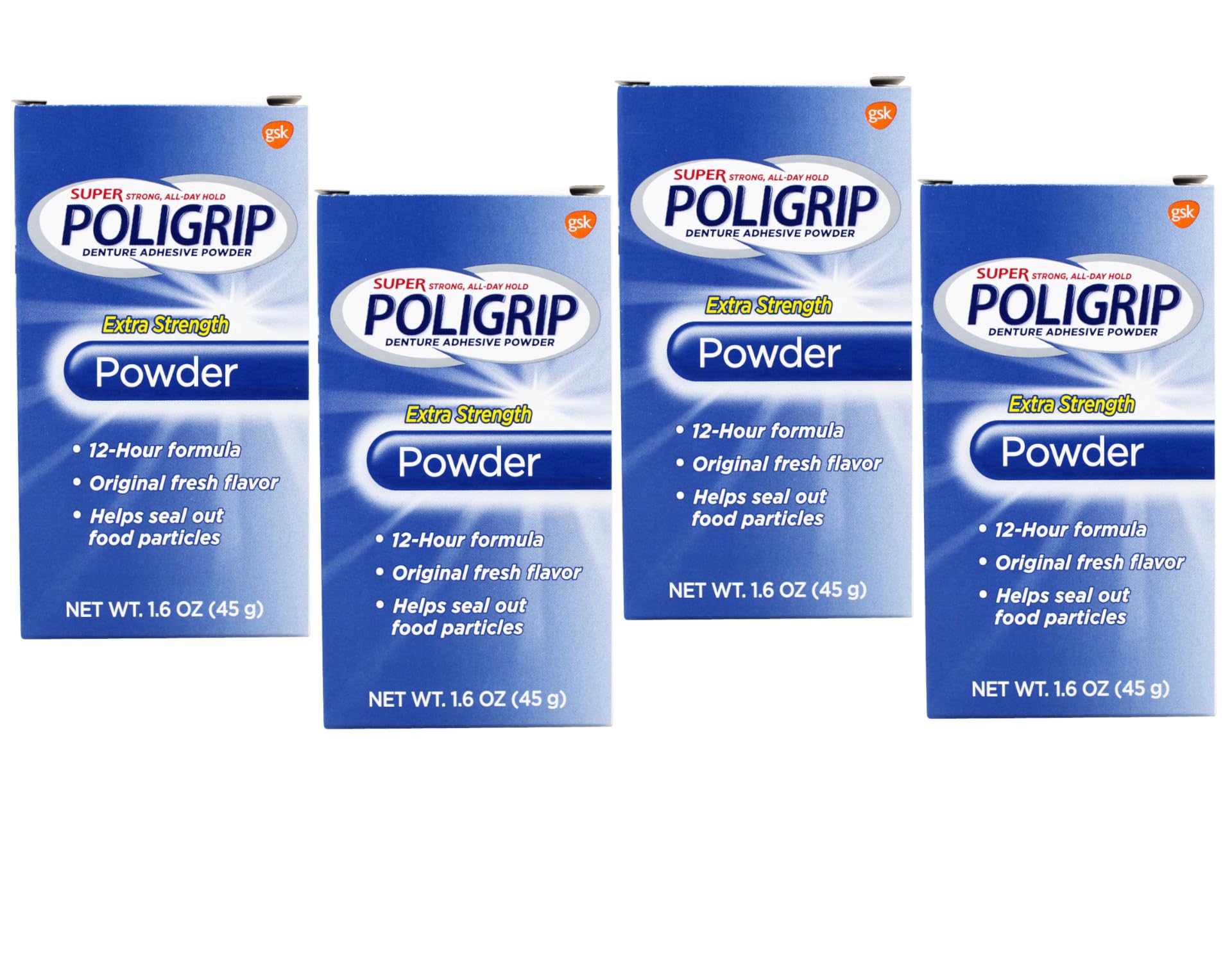 Super Poligrip Denture Adhesive Powder 1.6 oz Pack of 4 | Extra Strength Hold